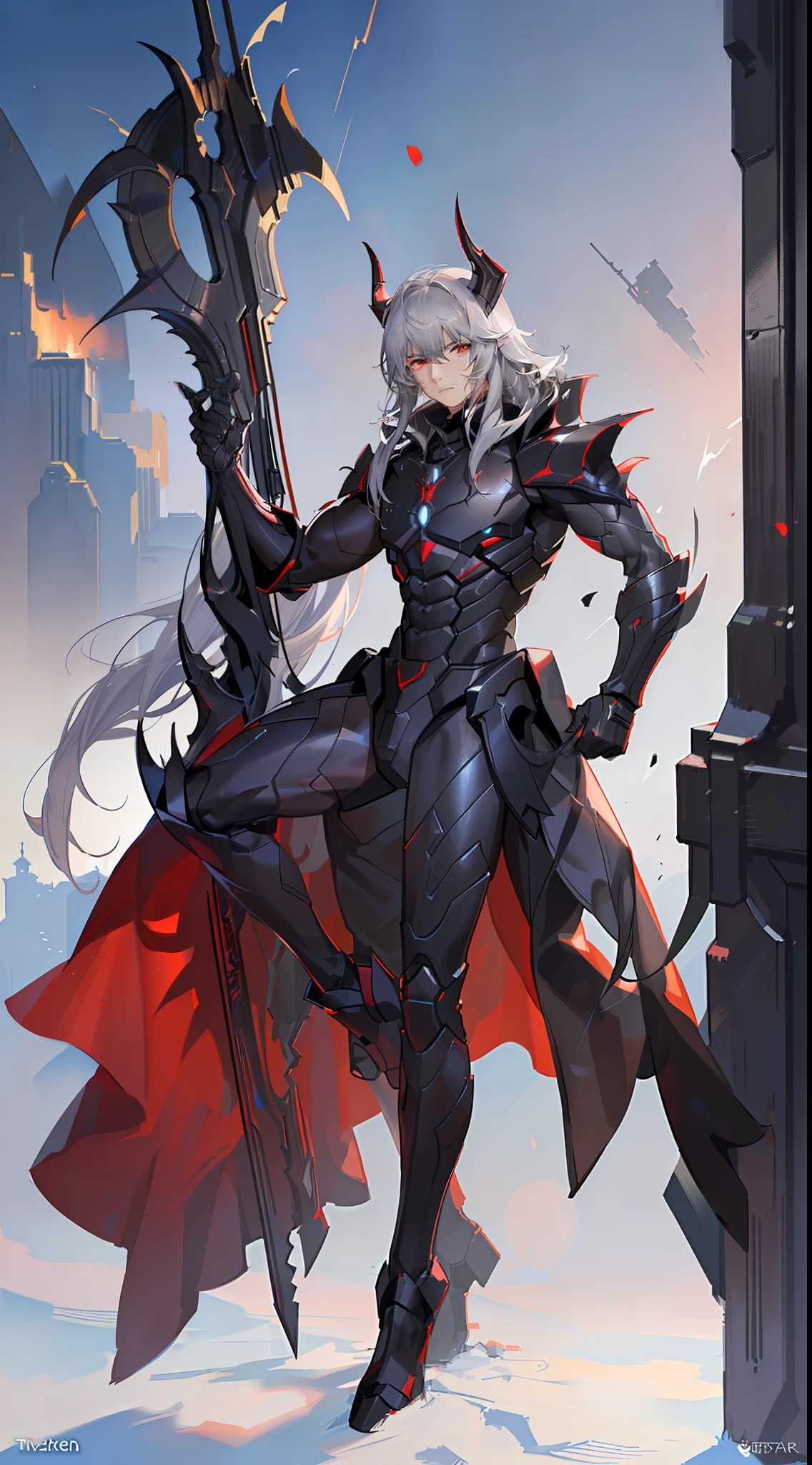 young boy, long gray hair, red eyes, The Iron Mantle of Cybertron, open torso, Iron horns, Masterpiece, hiquality