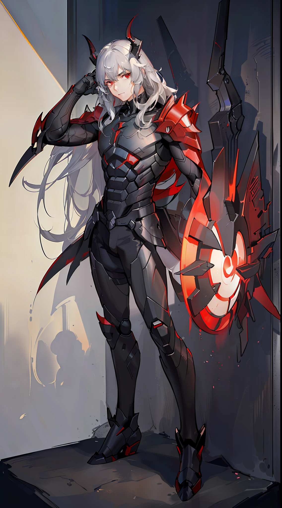 young boy, long gray hair, red eyes, The Iron Mantle of Cybertron, open torso, Iron horns, Masterpiece, hiquality