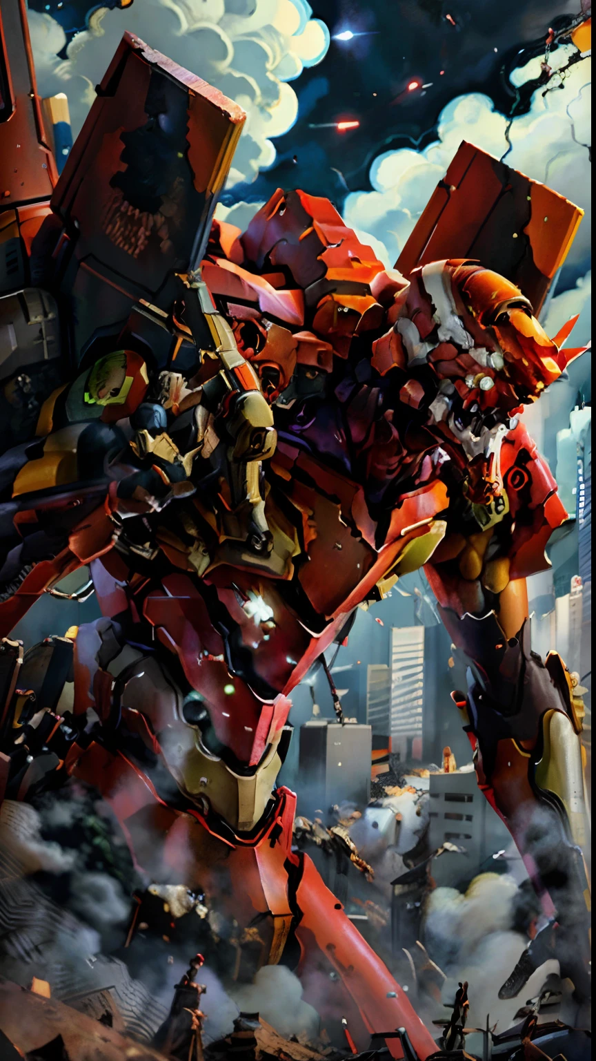 (eva 02), evagod, evangelion mecha, science fiction, looking at viewer, (official art, Best quality, masterpiece:1.2), illustration, high res, beautiful abstract background, Futurism, cyberpunk, intense angle,