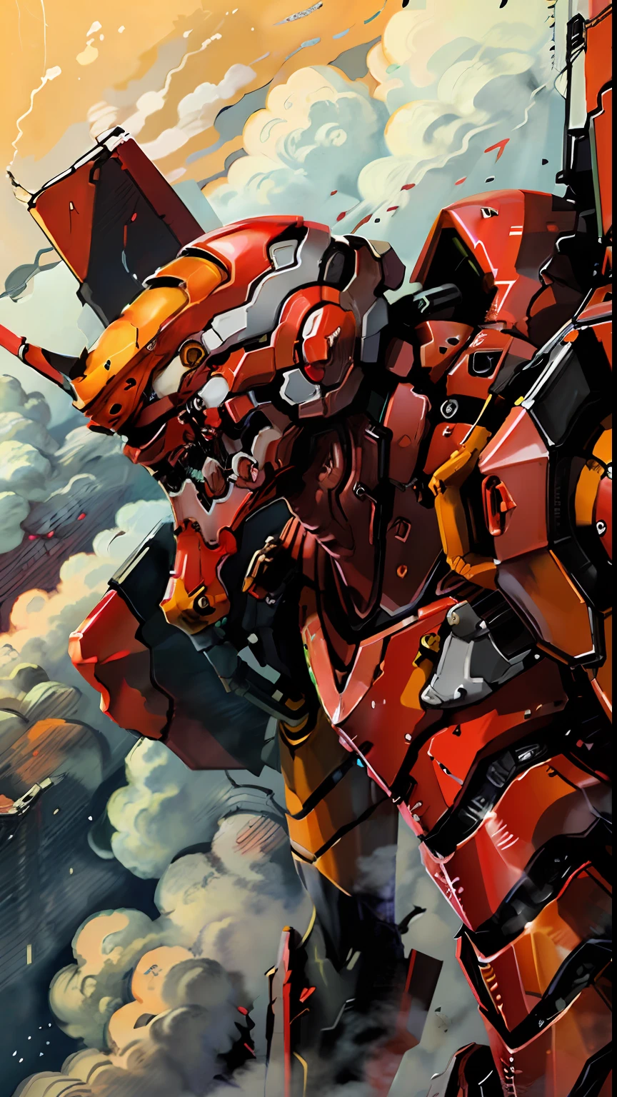 (eva 02), evagod, evangelion mecha, science fiction, looking at viewer, (official art, Best quality, masterpiece:1.2), illustration, high res, beautiful abstract background, Futurism, cyberpunk, intense angle,