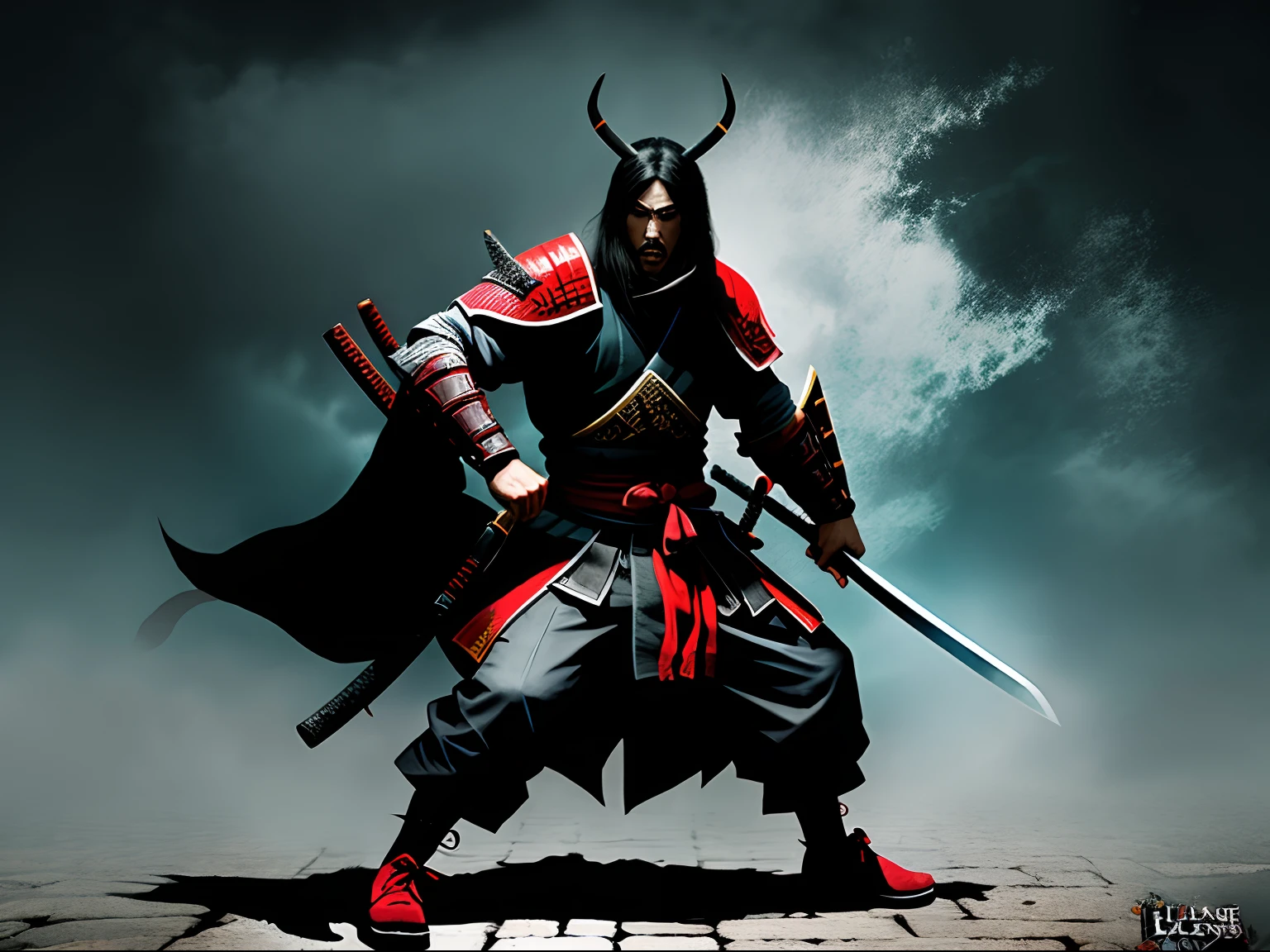 (demon samurai)、(Demon Mask)、独奏、Like the whole body、(Armed with a long and large Japan sword)、facing front,magnificent artwork、((Kyoto panel painting style))、Wind-effect:1.9、Cloud Effects:1.2、Blue and black armor、Full Rendering、Encaustic Painting、unrealengine、