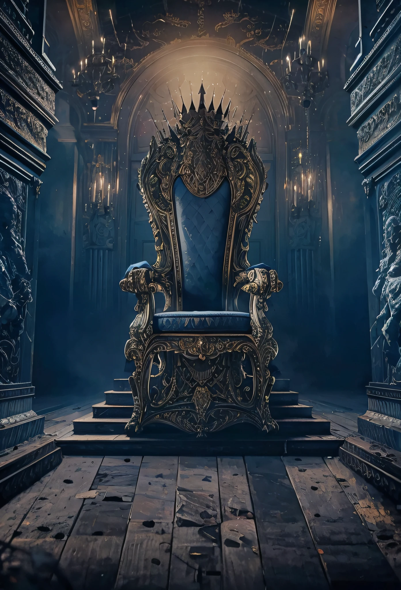 a close up of a throne in a dark room with a chandelier, lying a throne in a fantasy land, throne, sitting on the throne, sitting on intricate throne, sat in his throne, sitting on a throne, sit on throne, sitting on his throne, lord from hell on the throne, sitting in a gilded throne, gold throne, sitting on an ornate throne