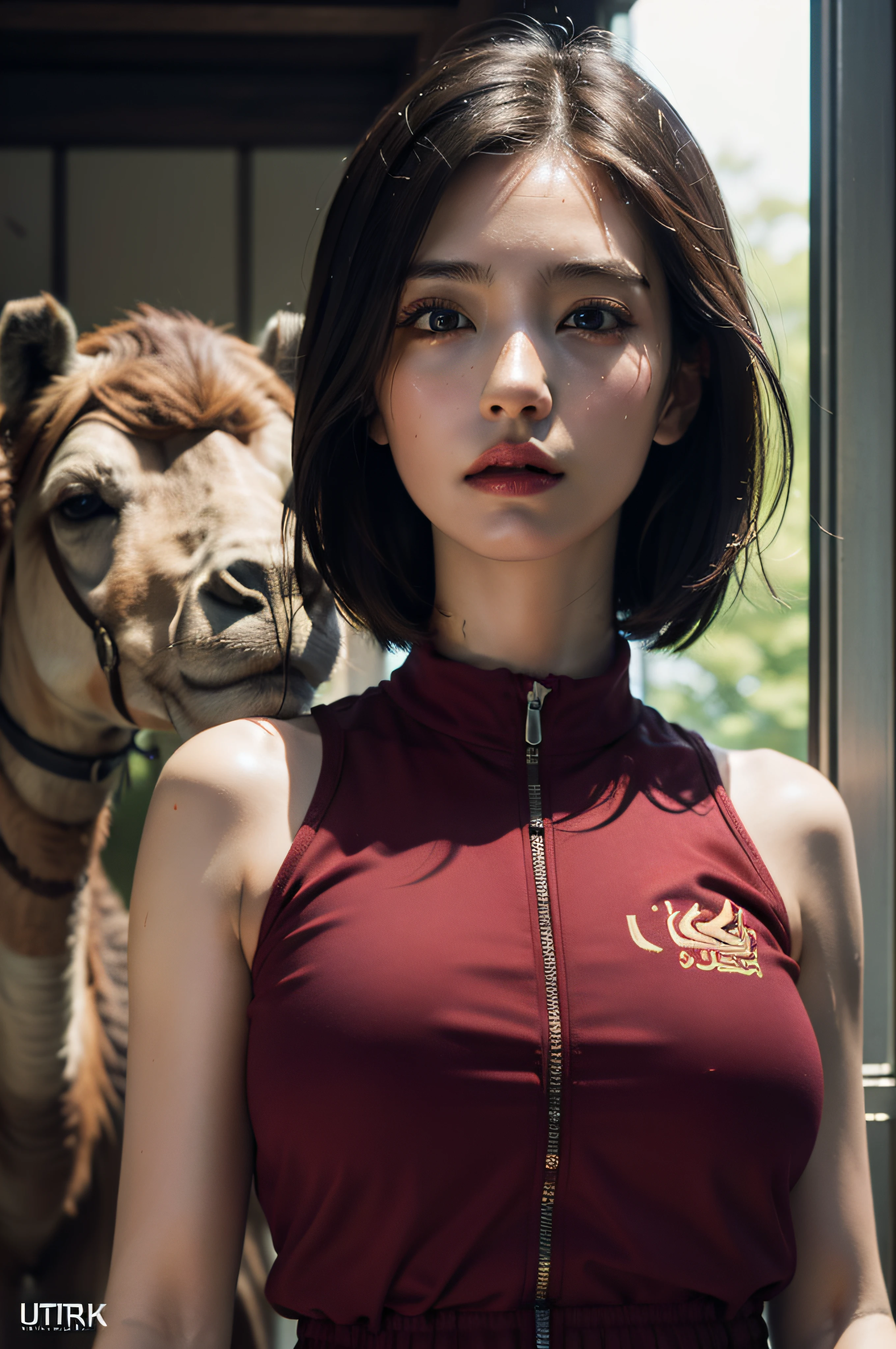 (Hyper Real), (illustration), (high resolution), (8K), (Very detailed), (Best Illustration), (Beautiful detailed eyes), (Best quality), (Ultra detailed), (Masterpiece), (the wallpaper), (Detailed face), Drenched, Sweaty, up of the upper body, Underarms, Short hair, A girl in a tracksuit, japanes, Huge, (camel-toe)
