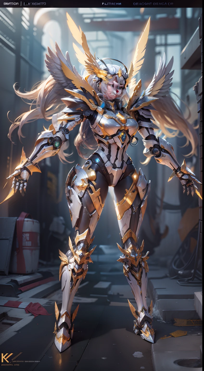 Platinum Mech Robot,Wings made of energy,metal halo,golden colored,、,Full body front,holy rays,k hd,Cinematic lighting,hyper HD,female robot,with no face,Full body mecha