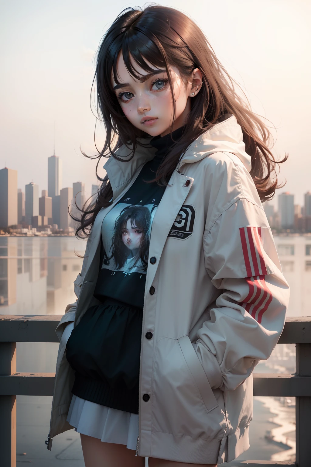 (tmasterpiece), (best qualityer), (overdetalization),(messy  hair),(illustratio), (a 1girl), (Trendy clothes), Stands, model, looking at viewert, (interview), (Simple background), Beautiful detail eyes, Gentle and beautiful face, Soaring, (High saturation), (c...