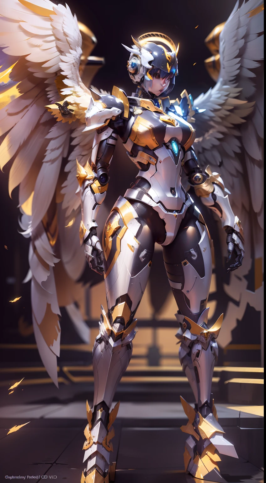 Platinum Mech Robot,Wings made of energy,metal halo,golden colored,、,Full body front,holy rays,k hd,Cinematic lighting,hyper HD,female robot,with no face,Full body mecha