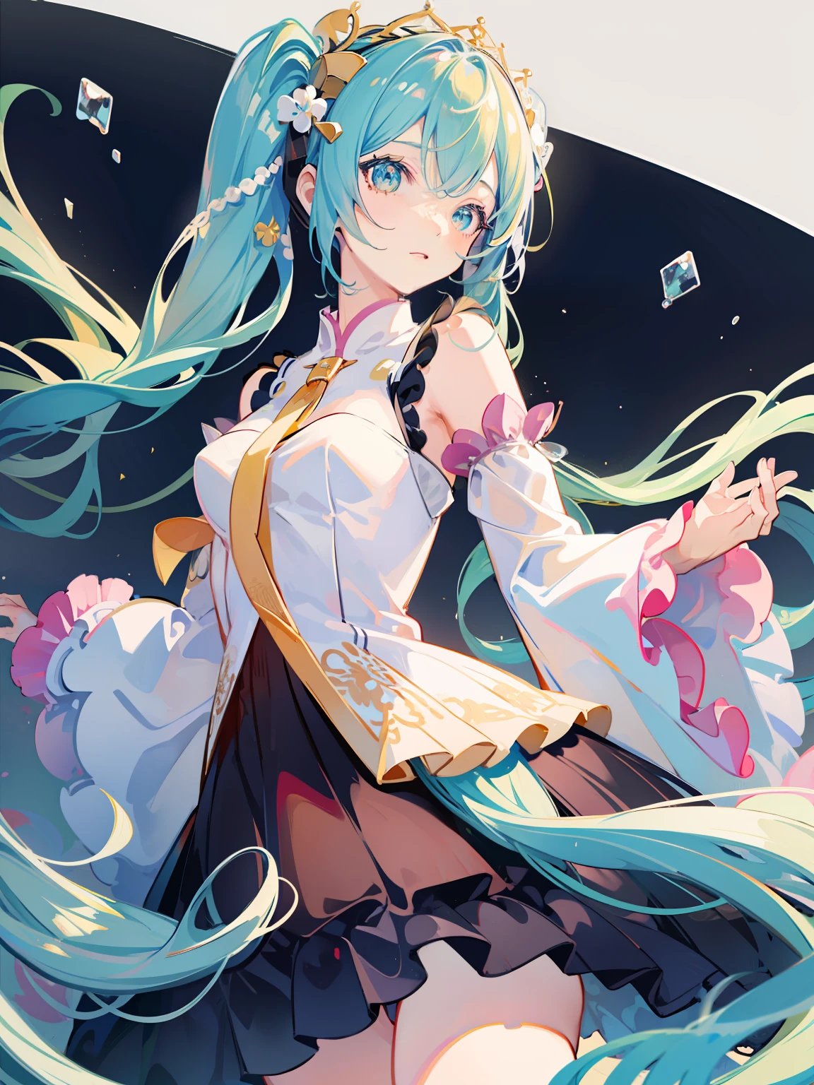masutepiece, Best Quality, in 8K, Sharp Focus, intricate detailes, low angles,In the skirt,undergarment,ceiling,a beauty girl, Sparkling eyes, Golden Ratio Face, Otherworldly liquid, watercolor paiting, Warm colors, Bright colors, capricious, Colorful, Sharp Focus, High resolution, Fine detail, ((Layered Tiered Puffy Long Sleeve Ball Gown)), ((Round eyes)), Iridescent bubbles, Fantasia background