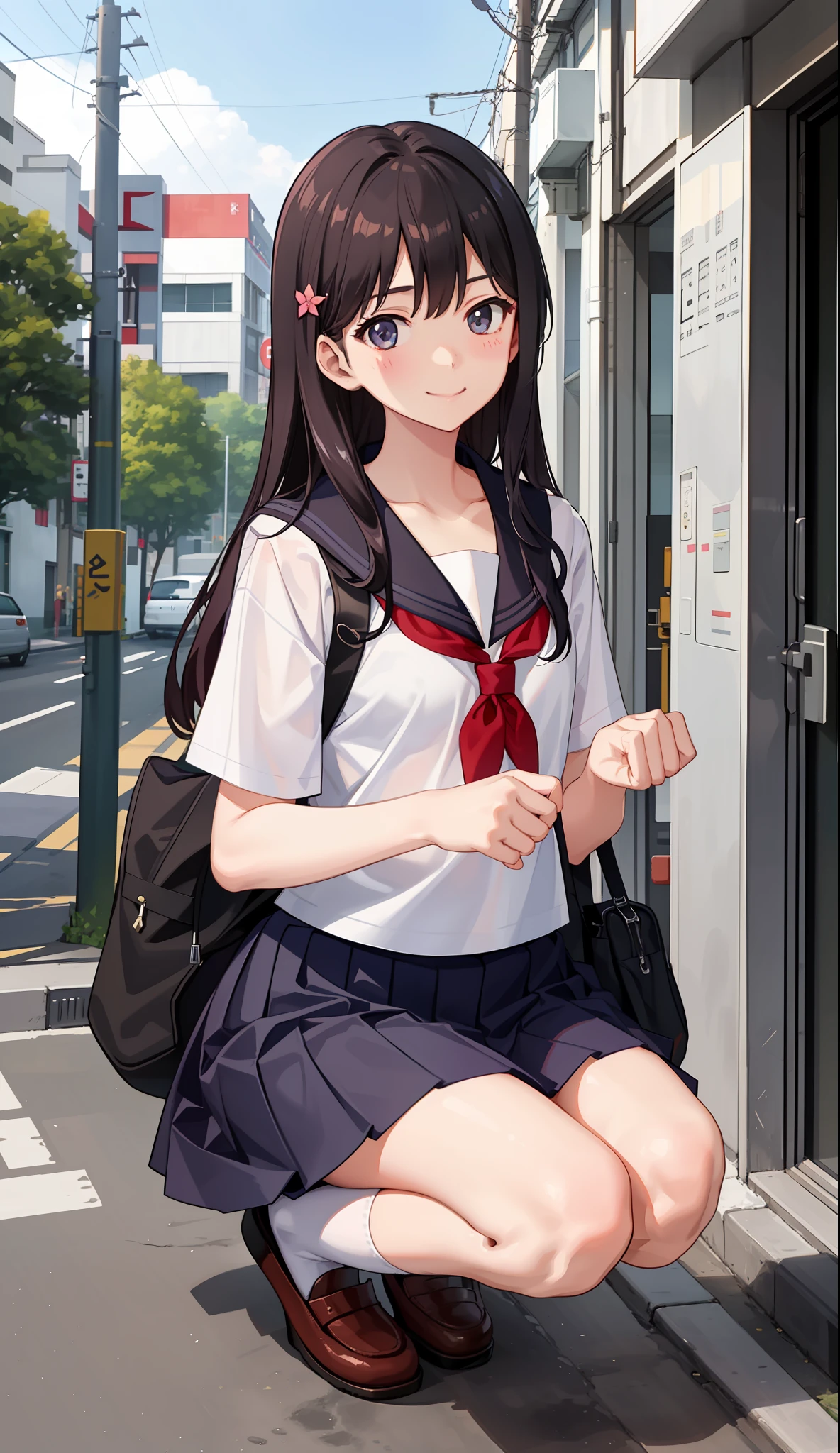 1girl in、A smile、The shirt、skirt by the、（small tits）Chilarism、Japan High School Student Uniform、serafuku、summer clothing、（Sheer Bra）、Upper body portrait、Squatting panchira、
