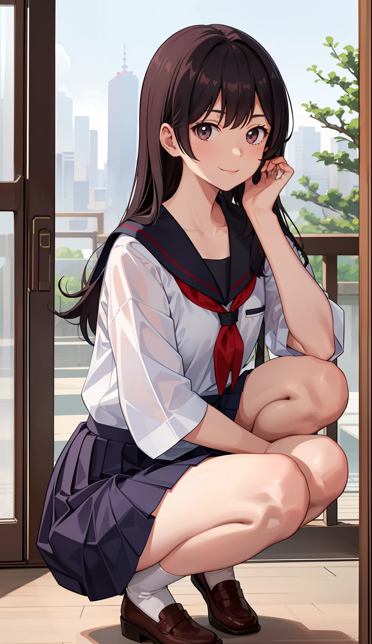 1girl in、A smile、The shirt、skirt by the、(small tits)Chilarism、Japan High School Student Uniform、serafuku、summer clothing、(Sheer Bra)、Upper body portrait、Squatting panchira、