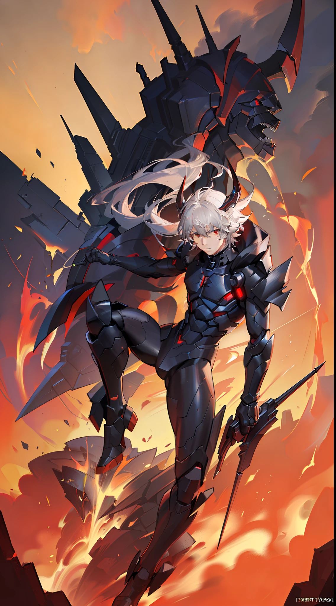 young boy, long gray hair, red eyes, The Iron Mantle of Cybertron, open torso, Iron horns, Masterpiece, hiquality