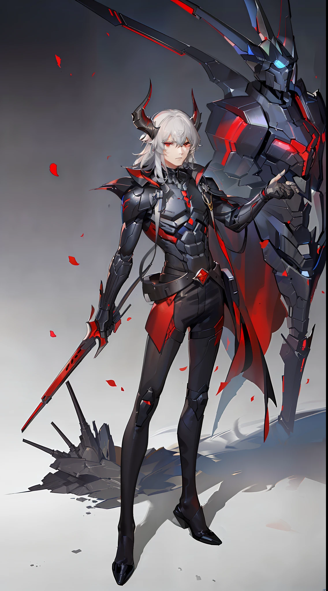 young boy, long gray hair, red eyes, The Iron Mantle of Cybertron, open torso, Iron horns, Masterpiece, hiquality