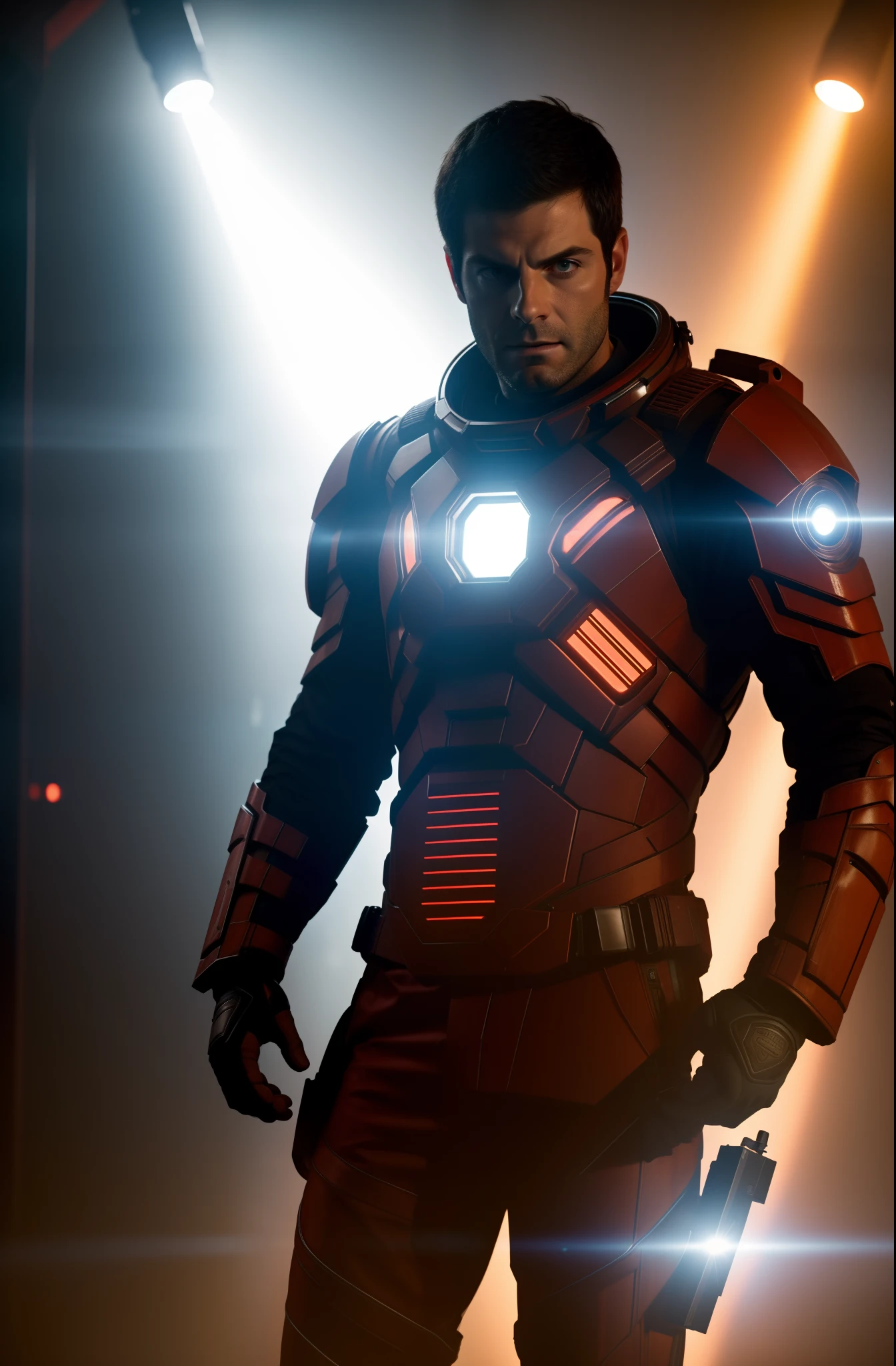 Sci Fi Horror Dead Space David Giuntoli on Ishimura Haunted Space Ship, electronic circuits hanging loose in background dark red lighting, high contrast, shiny skin, backlighting, chromatic aberration, sharp focus, photography, natural light, photorealism, cinematic rendering, ray tracing, the highest quality, the highest detail, Cinematic, Third-Person View, Blur Effect, Long Exposure, 8K, Ultra-HD, Natural Lighting, Moody Lighting, Cinematic Lighting
