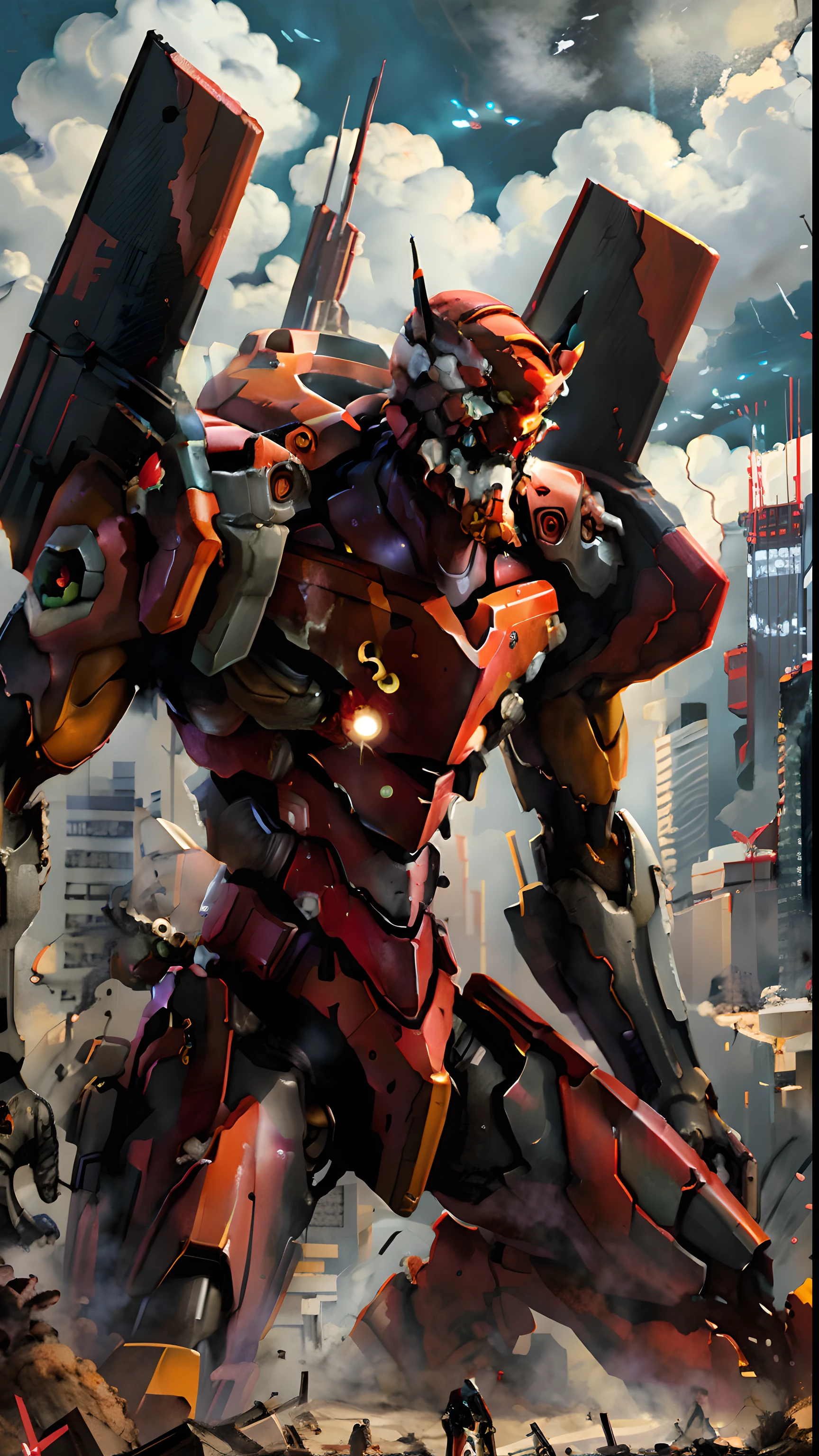 (eva 02), evagod, evangelion mecha, science fiction, looking at viewer, (official art, Best quality, masterpiece:1.2), illustration, high res, beautiful abstract background, Futurism, cyberpunk, intense angle,