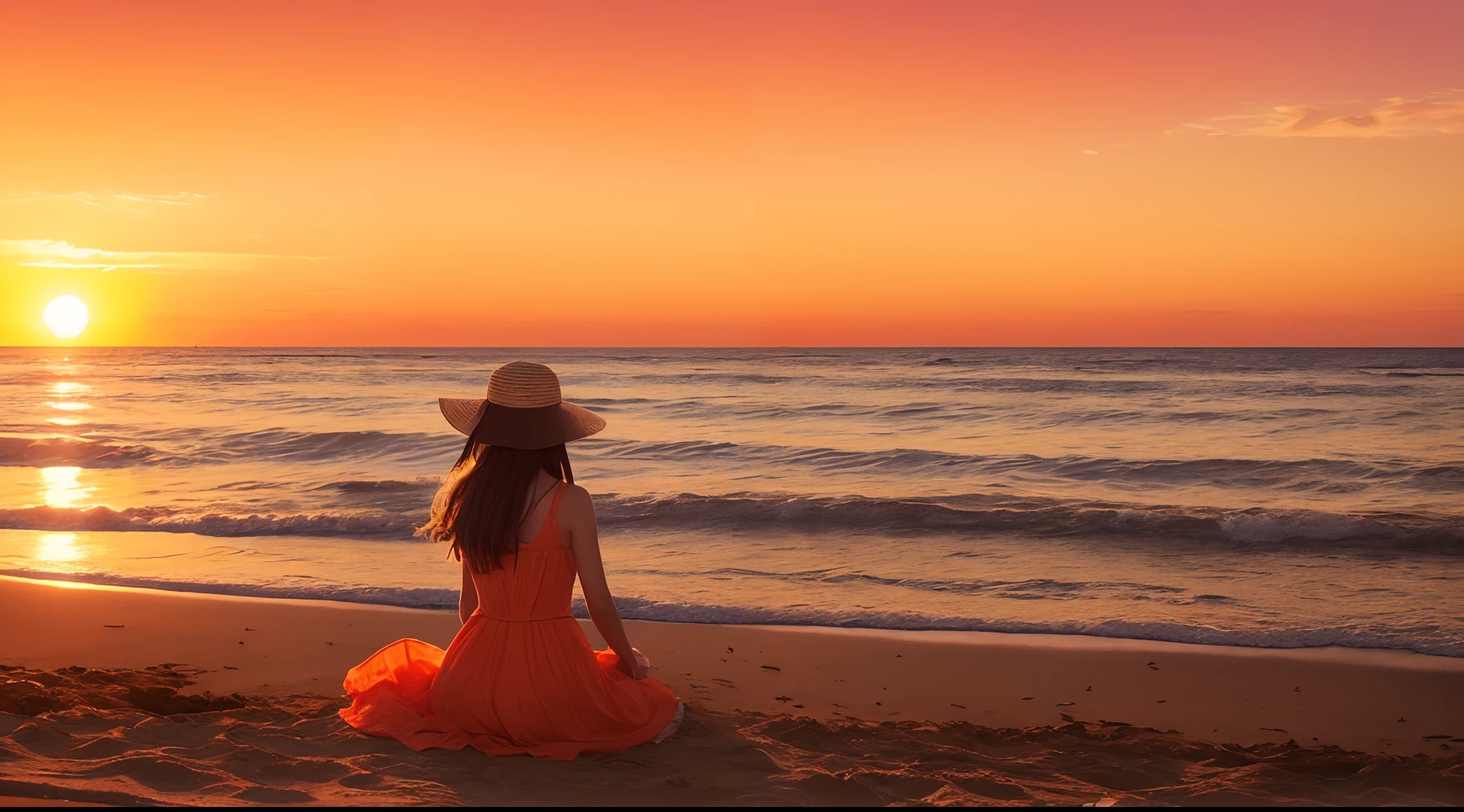 超A high resolution、Natural lighting、Radio City、physically-based renderingt、Beach with sunset、Red sky、Sandy beach in the foreground、Sitting on the left looking at the sea1Back view of girl of man、She wears a straw hat and a white dress、Romantic feeling of the end of summer、