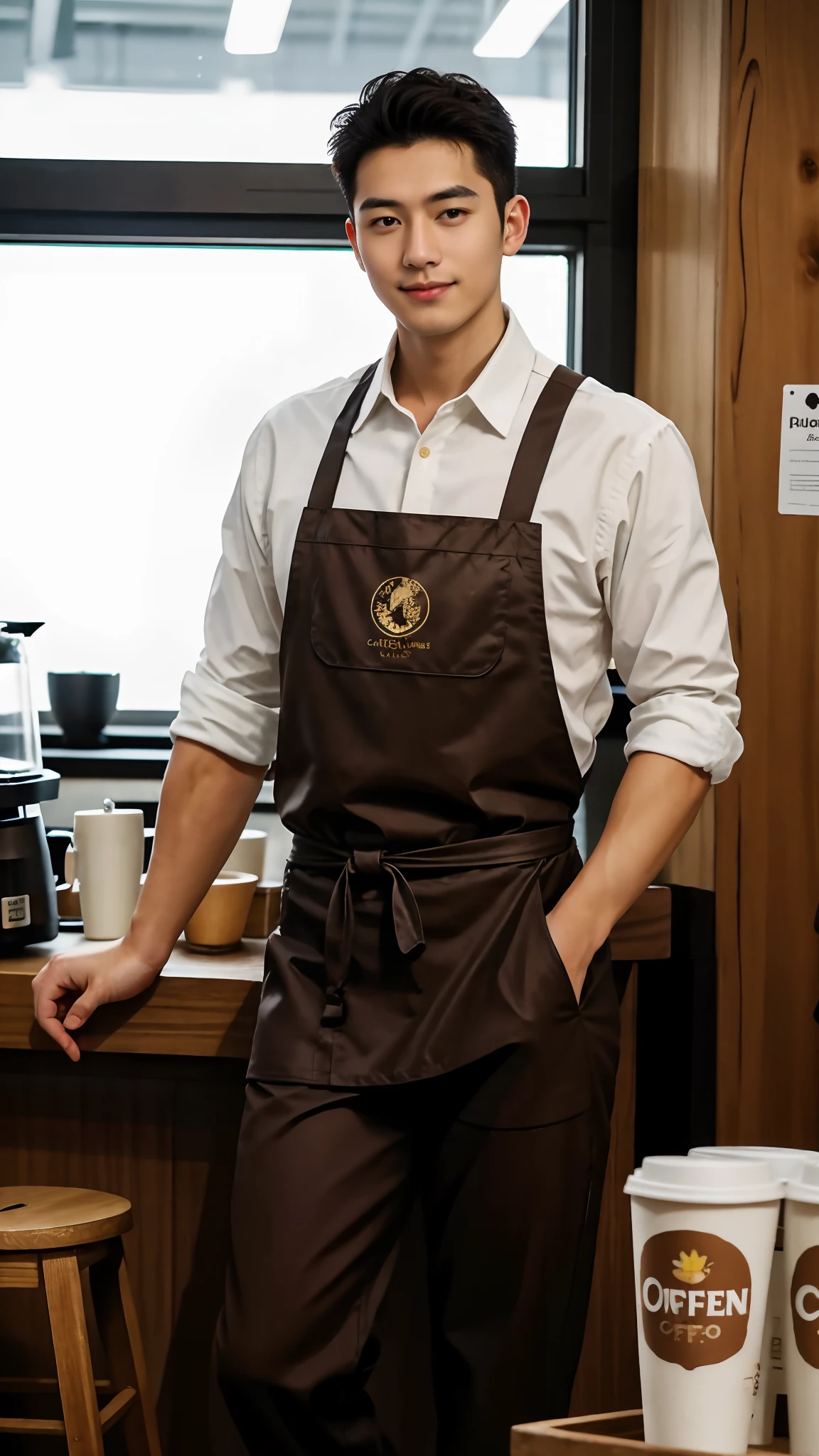 1人，A 20-year-old man in a café，Barista，Coffee is being made，Facial hair，Brown apron，Sit Pose，leg apart，whitet-shirt，shorter pants，Slender figure，Handsome，full bodyesbian，Exposing thighs，Expose calves，Thick leg hair，Large bulge at the crotch，leg apart，pervert smirk，janelas，rays of sunshine，Plenty of ground coffee and cups，Huge coffee machine，Coffee packaging box，In a dark café production room，gentlesoftlighting，tmasterpiece，best qualtiy，8K  UHD，digital SLR camera，filmgrain，Fujifilm XT3 Realistic painting art，Written by Midjourney and Greg Rutkowski