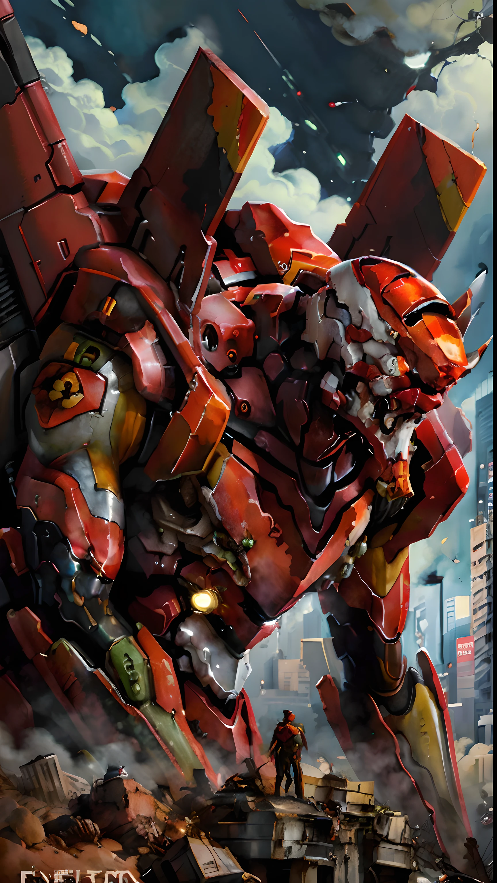 (eva 02), evagod, evangelion mecha, science fiction, looking at viewer, (official art, Best quality, masterpiece:1.2), illustration, high res, beautiful abstract background, Futurism, cyberpunk, intense angle,