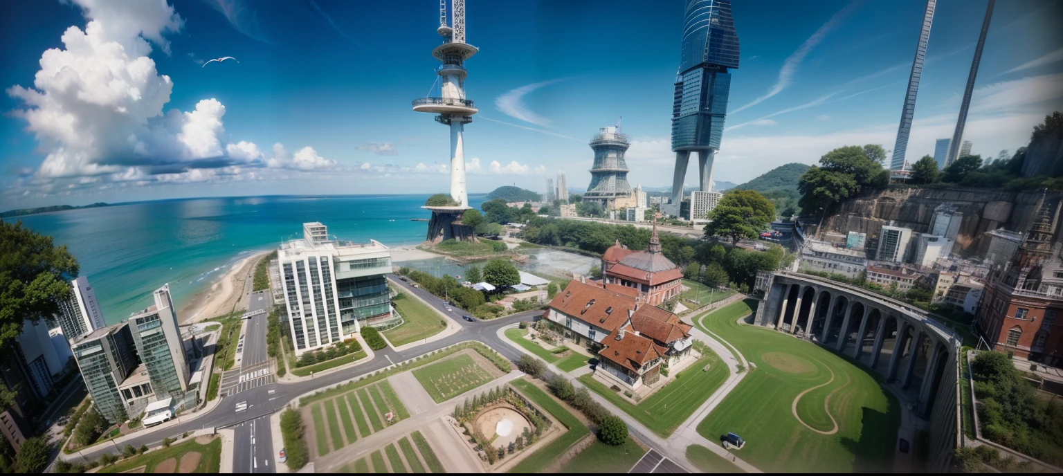 verism style，real photograph，（photore：2），Sunnyday，viewed from bird's-eye，Bustling town，farm land，Coastal，Green meadow，Rich layers，Highly meticulous，Rich in detail，Excellent quality