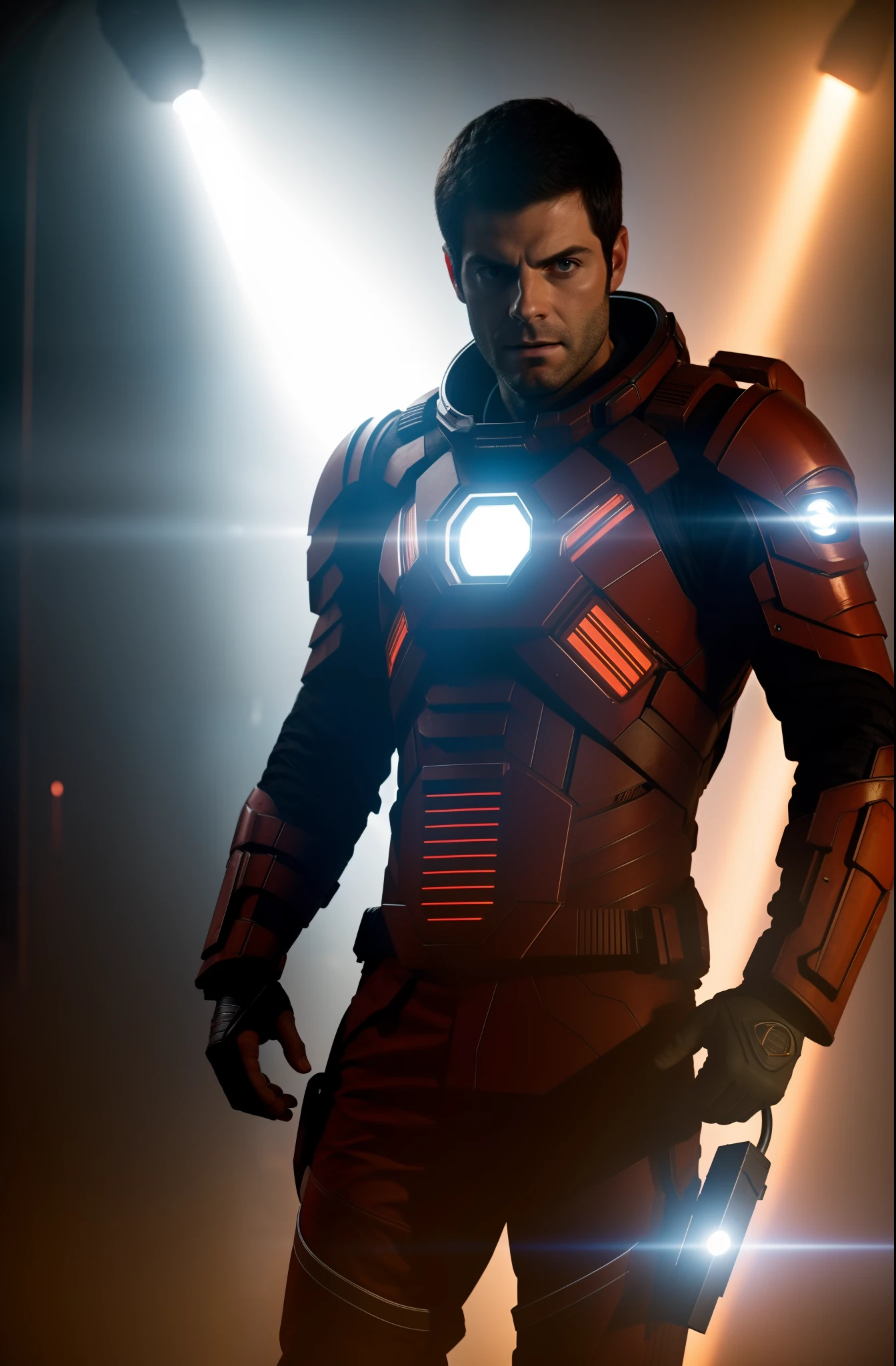 Sci Fi Horror Dead Space David Giuntoli on Ishimura Haunted Space Ship, electronic circuits hanging loose in background dark red lighting, high contrast, shiny skin, backlighting, chromatic aberration, sharp focus, photography, natural light, photorealism, cinematic rendering, ray tracing, the highest quality, the highest detail, Cinematic, Third-Person View, Blur Effect, Long Exposure, 8K, Ultra-HD, Natural Lighting, Moody Lighting, Cinematic Lighting
