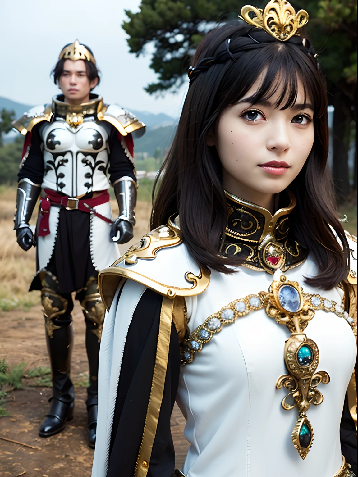 1 girl and 1 man, a short beautiful girl swordsman and a tall astringent wizard, a female swordsman in silver armor and a slender man in a white robe, a female warrior holding a large sword and a man holding a crystal staff