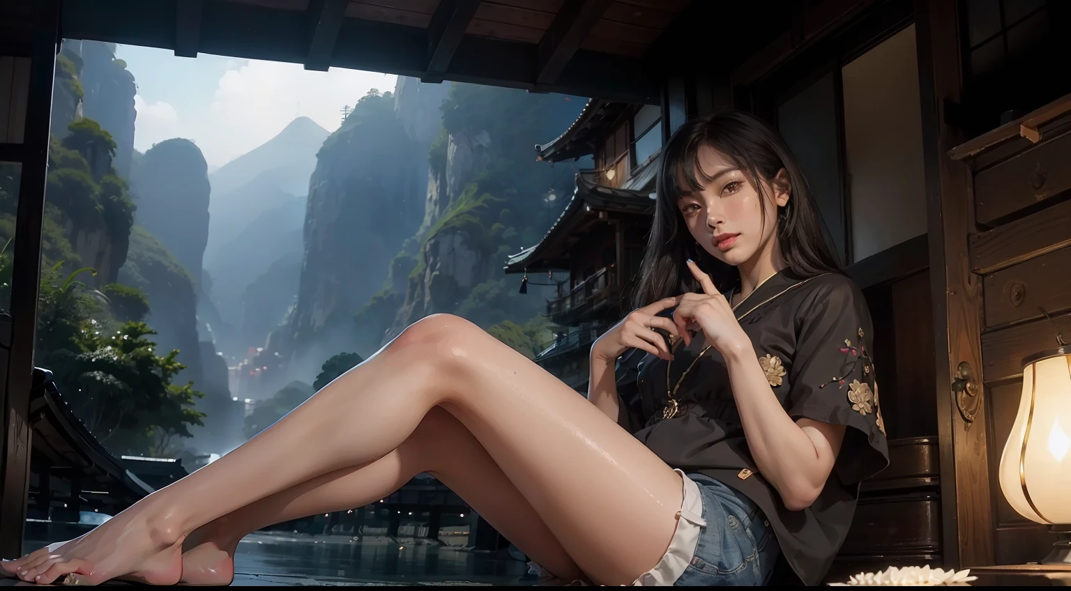 (realisitic,Photorealsitic:1.4),(1 beauty:1.3),(beautiful countenance:1.5),Detailed shiny skin,A detailed eye,Precise hands and fingers,8K HDR, , masterpiece, (Dynamic Angle Video),电影灯光, Finely drawn backgrounds,(The dim,dramatic lighting,No sunlight)Beautiful Japan,hotpants,A dark-haired,Aristocratic hairstyles,Rio De Janeiro,tourist destination,Thinking,Composition looking up from your feet,
