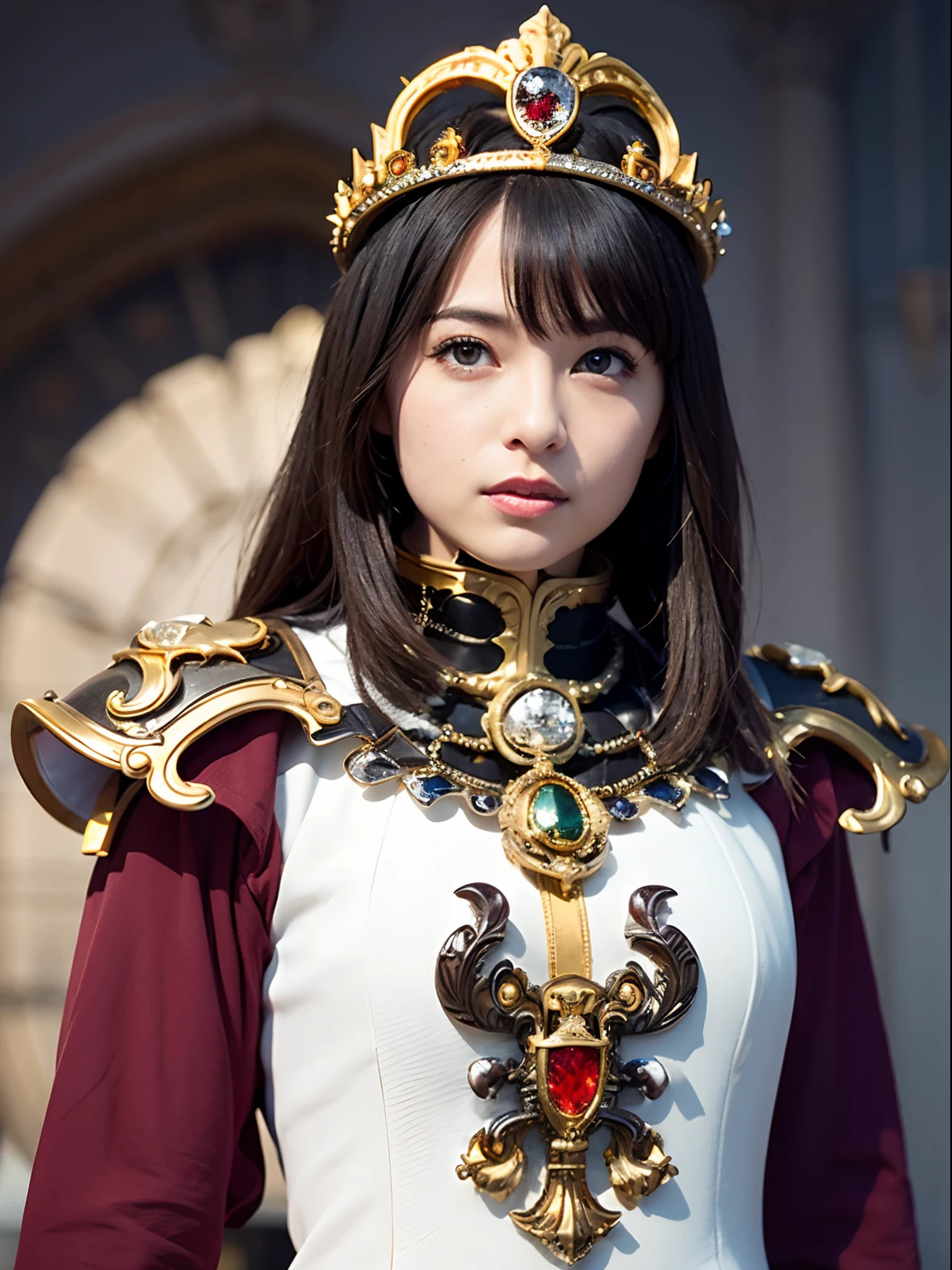 (masutepiece), Professional , masterpiece、top-quality、photos realistic , depth of fields (Gemstone Silver Metal Body:1.9),(Matte White、Jewel Gold Weapon(Jewel Metal Body:1.4),Gorgeous metal weapons , Detailed Sword of the Brave , Beautiful knife ,warhammer 40k , adepta sororitas,Detail and ornate jewel crown、Black hair、Gangle's forest background、Beautiful Caucasian beauty、1a person、dynamic ungle,(((Detailed and ornate diamond crown)))、Smaller head、A smile、Take a sexy pose、Background inside the castle、Thin and beautiful female hands、Soldier in iron armor on background、Soldier in iron armor on background、