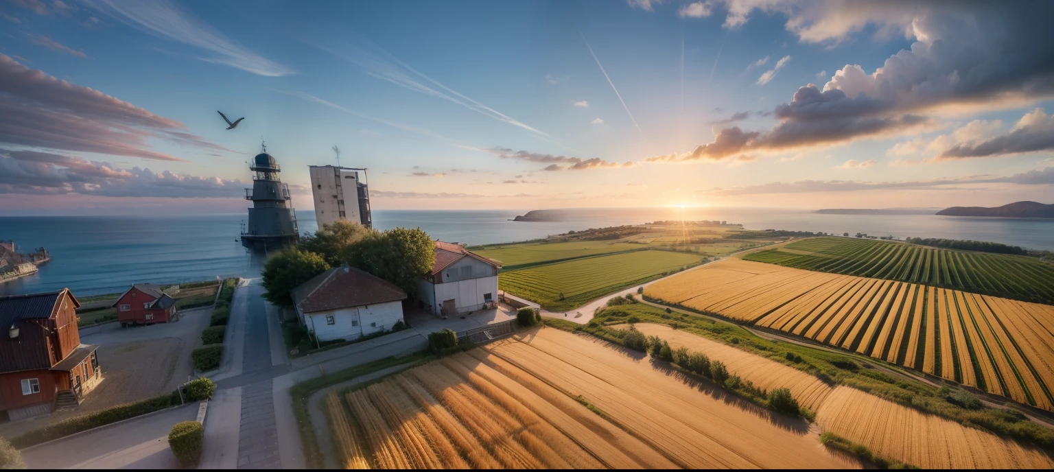 verism style，real photograph，（photore：2），Sunnyday，viewed from bird's-eye，Large tracts of farmland，wheat field，Coastal，Sail ships，Rich layers，Highly meticulous，Rich in detail，Excellent quality