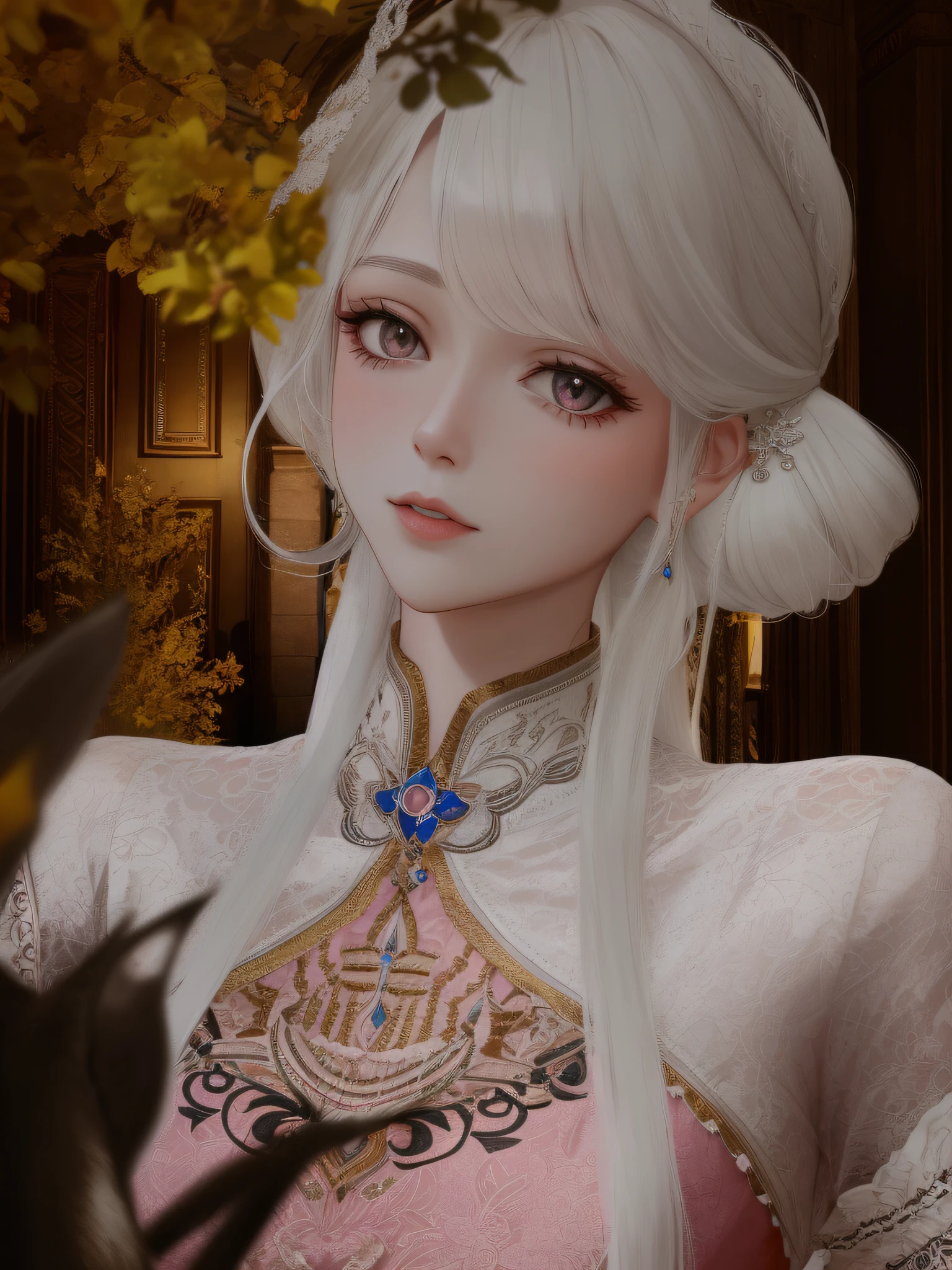 There was a woman with long white hair in a pink dress,
