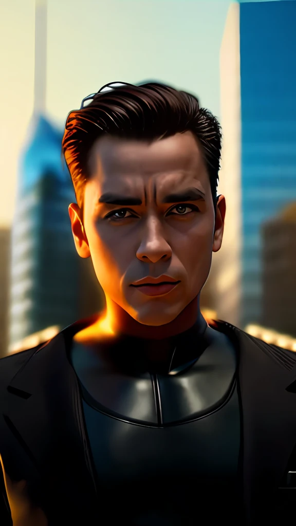 reverse , Terminator man riding motorcycle in suit, True style. with the city as the background