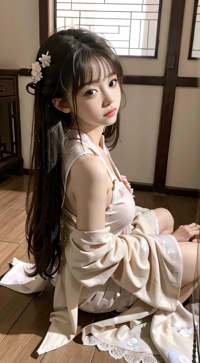 a   girl marturbate, Master quality, highest quality, best picture quality, exaggerated details, goddess moonlight 9  yearan little girl  shy expression,a close up , teen girl with supice boobs(long hair / very, very exaggerated big breasts and tight, round breasts, in hanfu acient chinese) , posing in front of the camera, having ,, wet breast hanfu open v chest clothes, full portrait xianxia,  thin silk fabric wet body, thin silk fabric lace petticoat, she love making, floral pattern
