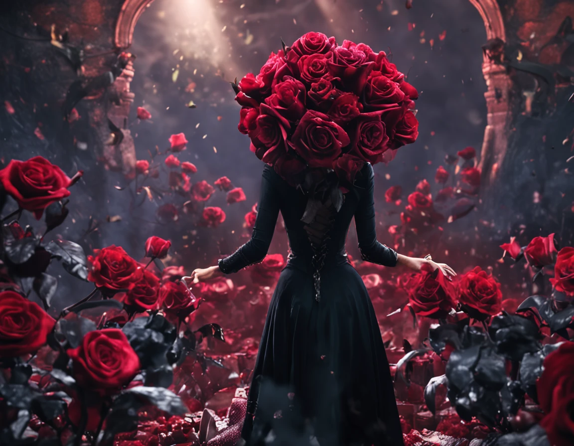 Dark queen, in black suit dress, dark roses, luxurious