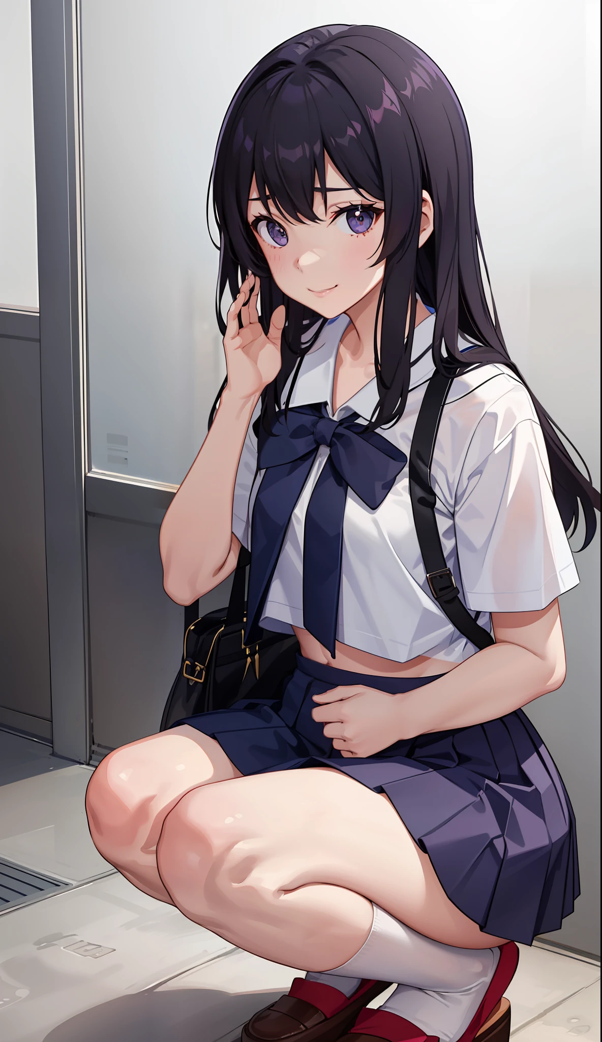 Elementary school girl, , A cup breasts, black hair, long hair, purple eyes (one person) Plain white upper body, short sleevesTShirt, navy blue miniskirt, white panties((I can see her panties)) White socks Girl's Room Are standing ((I can see her panties)) Dynamic angle Low angle