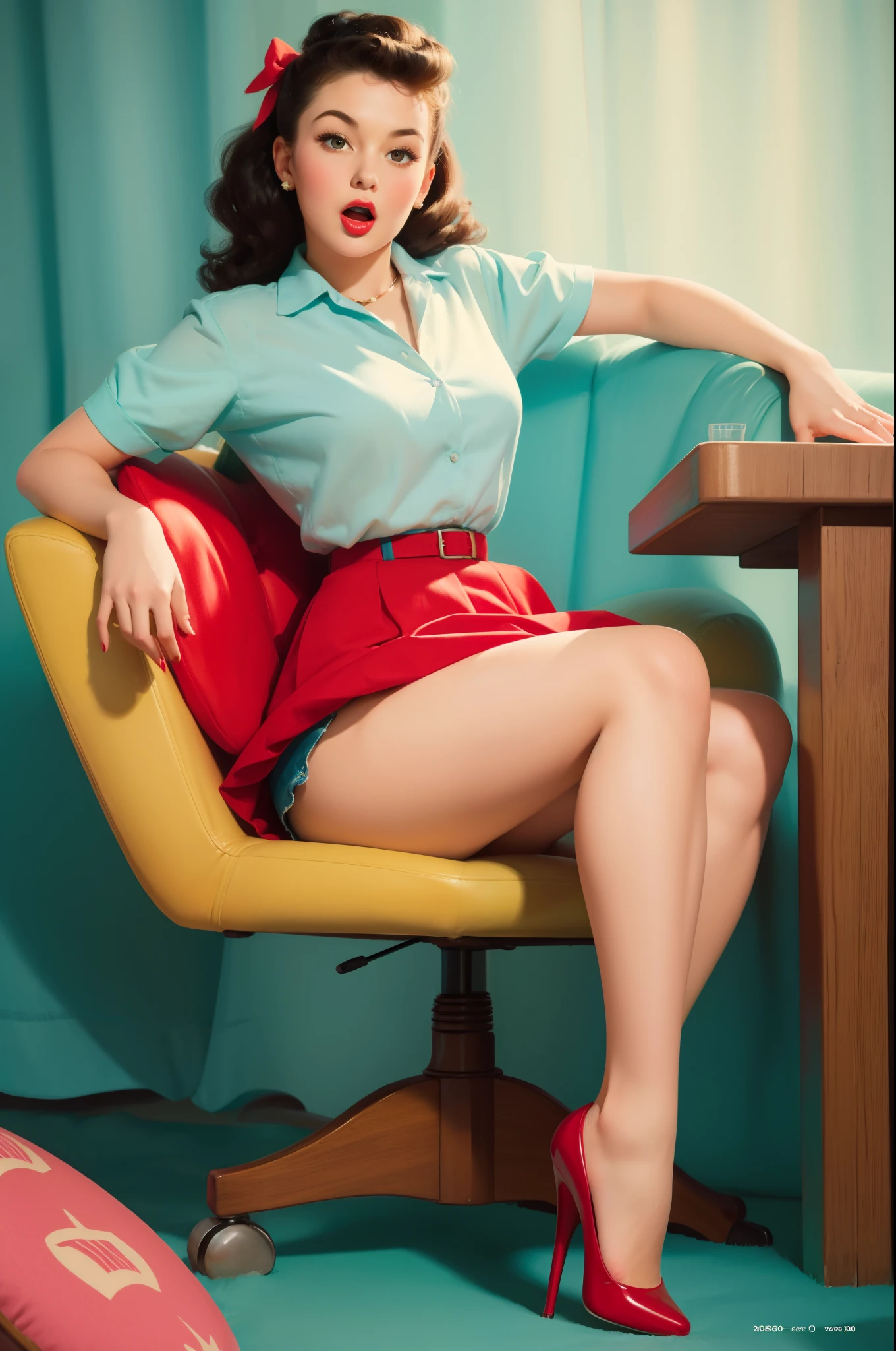 20 years old girl sitting on the chair, vintage,  retro pin up style,sexy, mouth O, surprised, up skirt, flowing skirt,  colorful , masterpieces, illustrated,