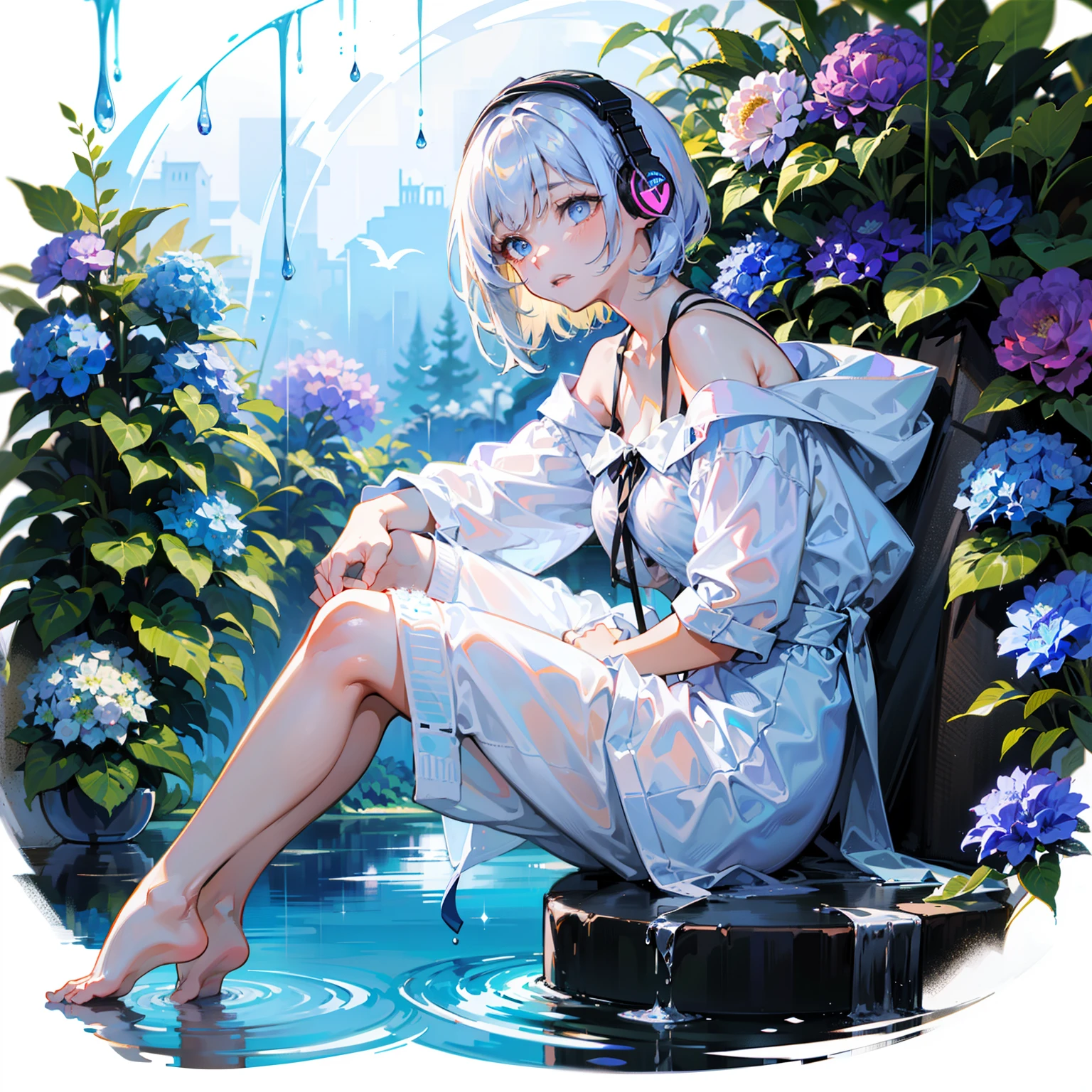 top-quality、tmasterpiece、full bodyesbian，eBlue eyes、white  clothes、full body Esbian、light-skinned、1girl in、独奏、short detailed hair、natta、dressed casually、Draw the angle、Beautiful silhouette、Girl looking out、Visible hydrangea garden、rain is falling、There are water droplets on the windows、bit girl、Meticulous expression、Wearing headphones，[White background 1：：5]