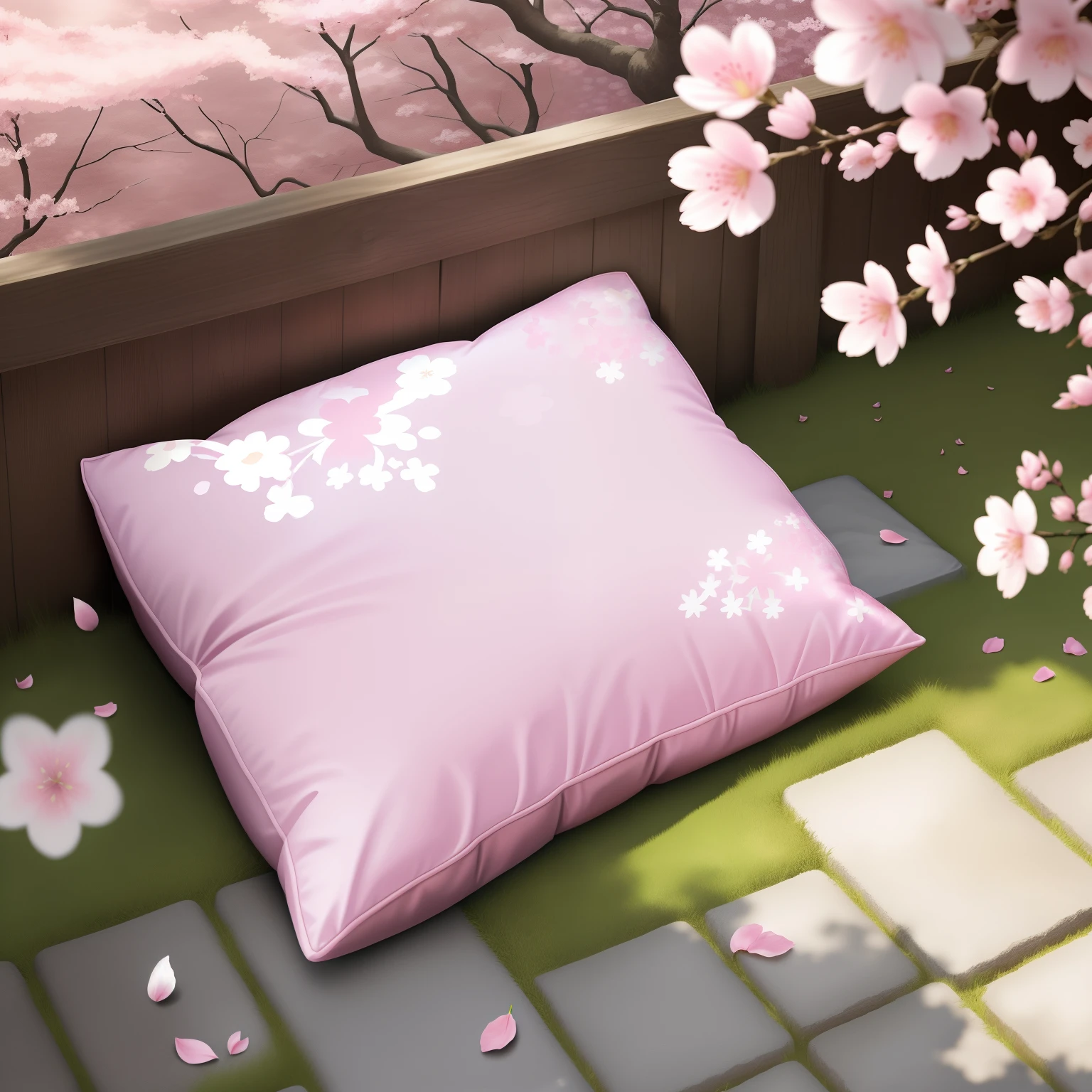 sunny clear sky，In a garden covered with cherry blossom petals，There is a pink square pattern pillow