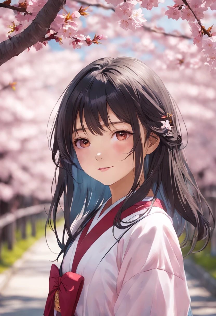 (masterpiece, daylight portrait:1.3), (captivating image of a young Japanese ager beneath cherry blossoms:1.2), (Sony A6400 camera, renowned for its quick autofocus and detail retention:1.2), (paired with the Sony E 50mm f/1.8 OSS lens for crisp and detailed portraits:1.2), (long, sleek black hair cascading smoothly, intricately detailed:1.1), (fine strands of hair shimmering in the light:1.1), (symmetrical face adorned with expertly applied makeup:1.1), (delicate figure clad in a traditional Japanese school uniform:1.1), (lustrous hair capturing the sunlight with a youthful glow:1.1), (engaging smile radiating genuine warmth:1.1), (vibrant cherry blossoms framing the serene scene:1.1), (a tranquil park setting, alive with the colors of spring:1.1), (the camera's sensor capturing the meticulous intricacies of her features and attire:1.1), (the lens focusing on her smile, capturing its natural charm:1.1), (a moment frozen in time, embodying the beauty of youth and nature:1.1), (a harmonious blend of cultural grace and joyful authenticity:1.1), (a portrait capturing the genuine happiness beneath the cherry blossoms:1.1)