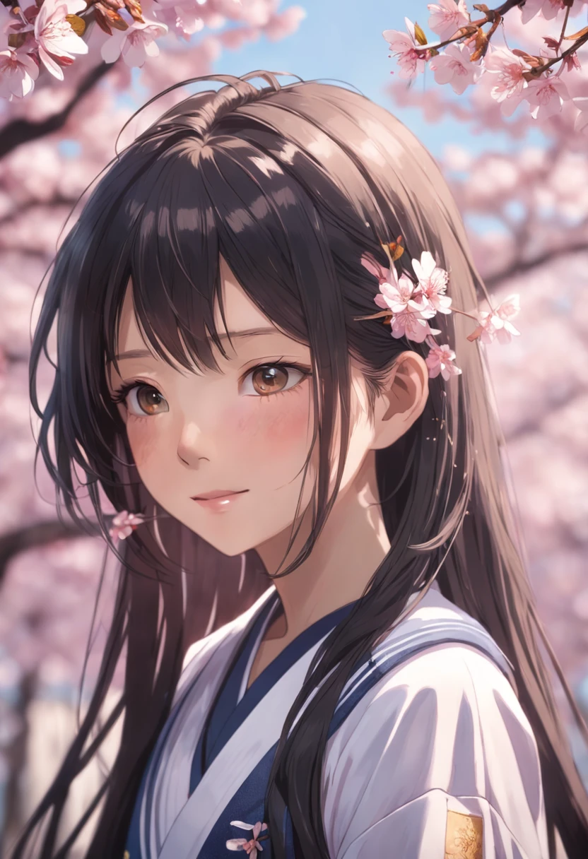 (masterpiece, daylight portrait:1.3), (captivating image of a young Japanese teenager beneath cherry blossoms:1.2), (Sony A6400 camera, renowned for its quick autofocus and detail retention:1.2), (paired with the Sony E 50mm f/1.8 OSS lens for crisp and detailed portraits:1.2), (long, sleek black hair cascading smoothly, intricately detailed:1.1), (fine strands of hair shimmering in the light:1.1), (symmetrical face adorned with expertly applied makeup:1.1), (delicate figure clad in a traditional Japanese school uniform:1.1), (lustrous hair capturing the sunlight with a youthful glow:1.1), (engaging smile radiating genuine warmth:1.1), (vibrant cherry blossoms framing the serene scene:1.1), (a tranquil park setting, alive with the colors of spring:1.1), (the camera's sensor capturing the meticulous intricacies of her features and attire:1.1), (the lens focusing on her smile, capturing its natural charm:1.1), (a moment frozen in time, embodying the beauty of youth and nature:1.1), (a harmonious blend of cultural grace and joyful authenticity:1.1), (a portrait capturing the genuine happiness beneath the cherry blossoms:1.1)