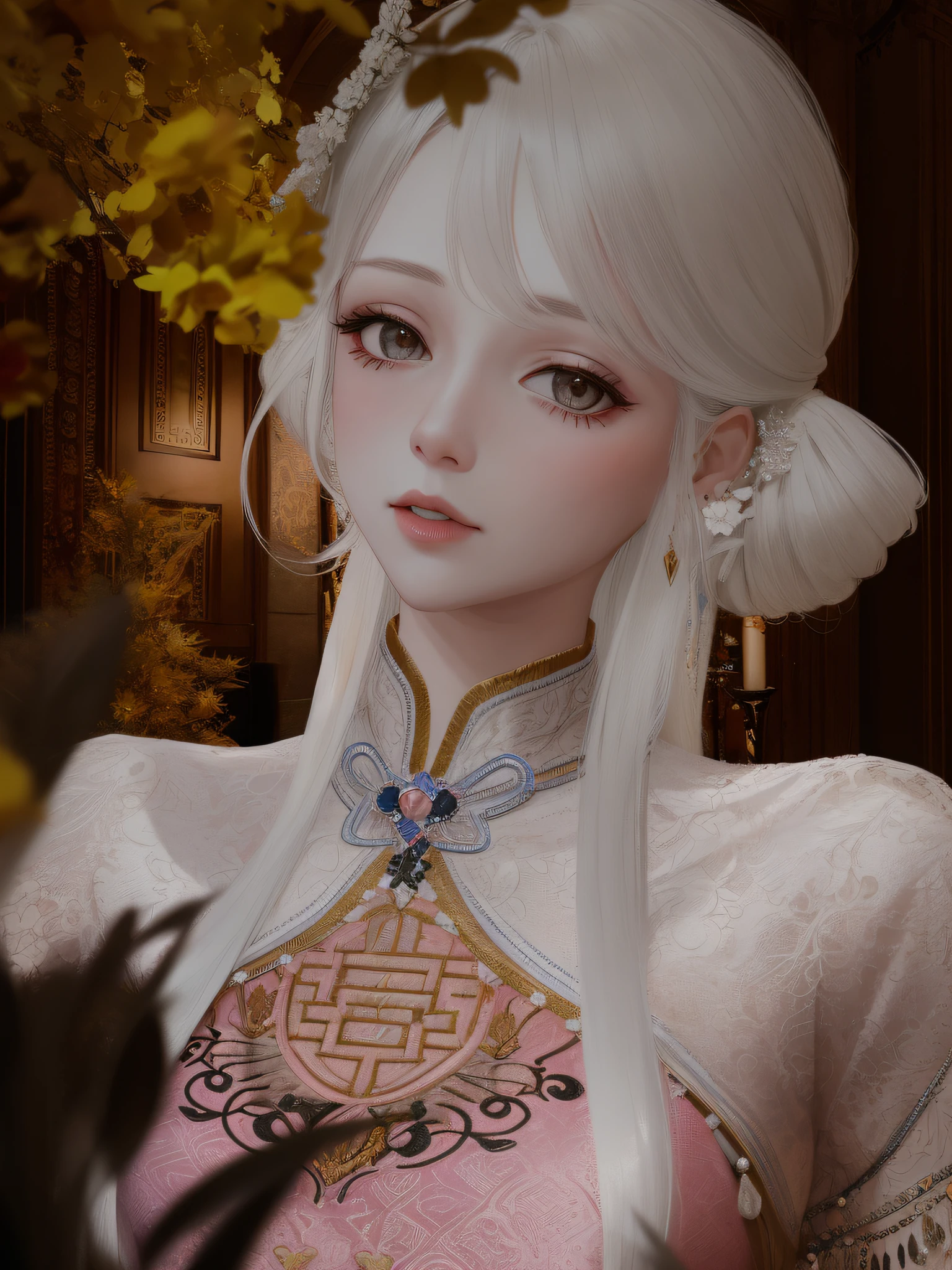 There was a woman with long white hair in a pink dress,