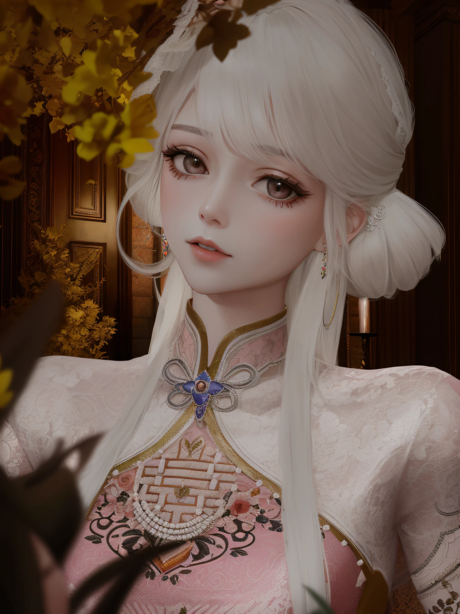 There was a woman with long white hair in a pink dress,