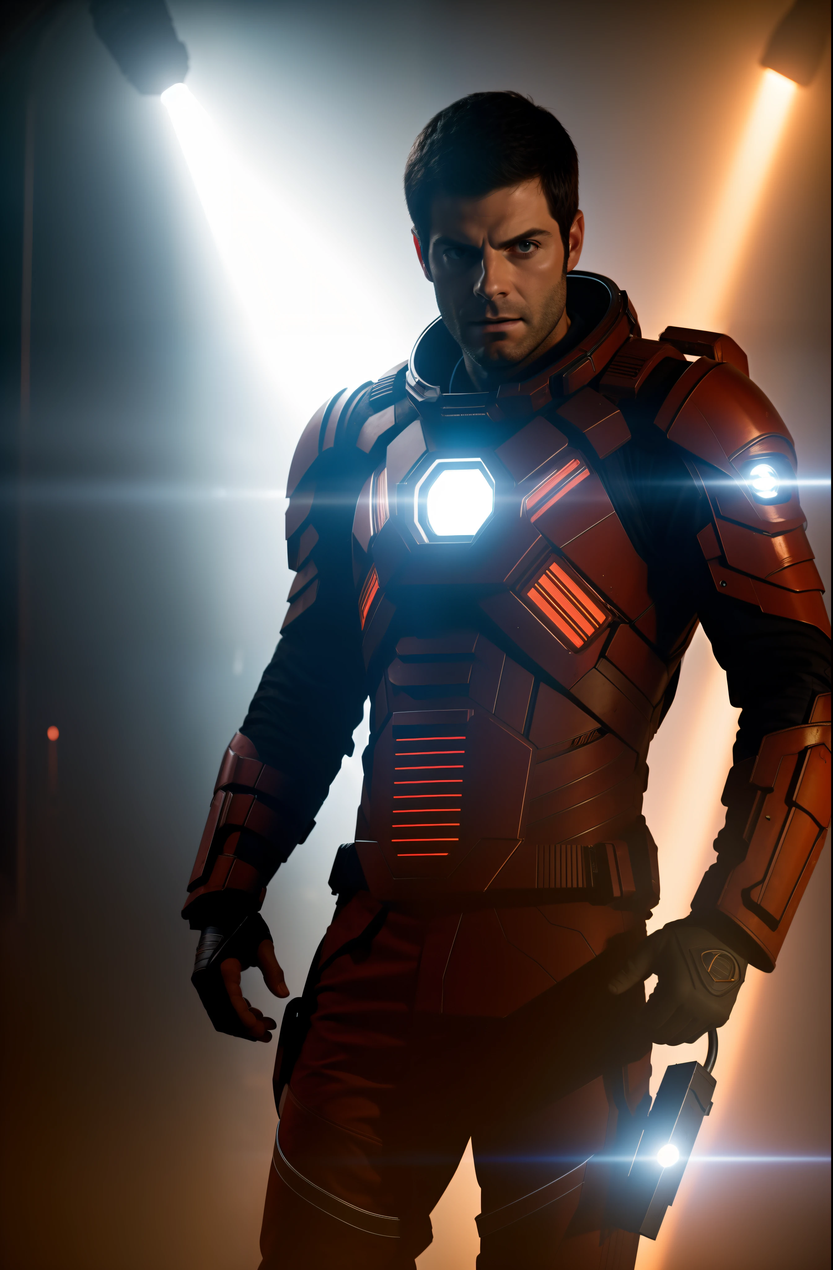 Sci Fi Horror Dead Space David Giuntoli on Ishimura Haunted Space Ship, electronic circuits hanging loose in background dark red lighting, high contrast, shiny skin, backlighting, chromatic aberration, sharp focus, photography, natural light, photorealism, cinematic rendering, ray tracing, the highest quality, the highest detail, Cinematic, Third-Person View, Blur Effect, Long Exposure, 8K, Ultra-HD, Natural Lighting, Moody Lighting, Cinematic Lighting