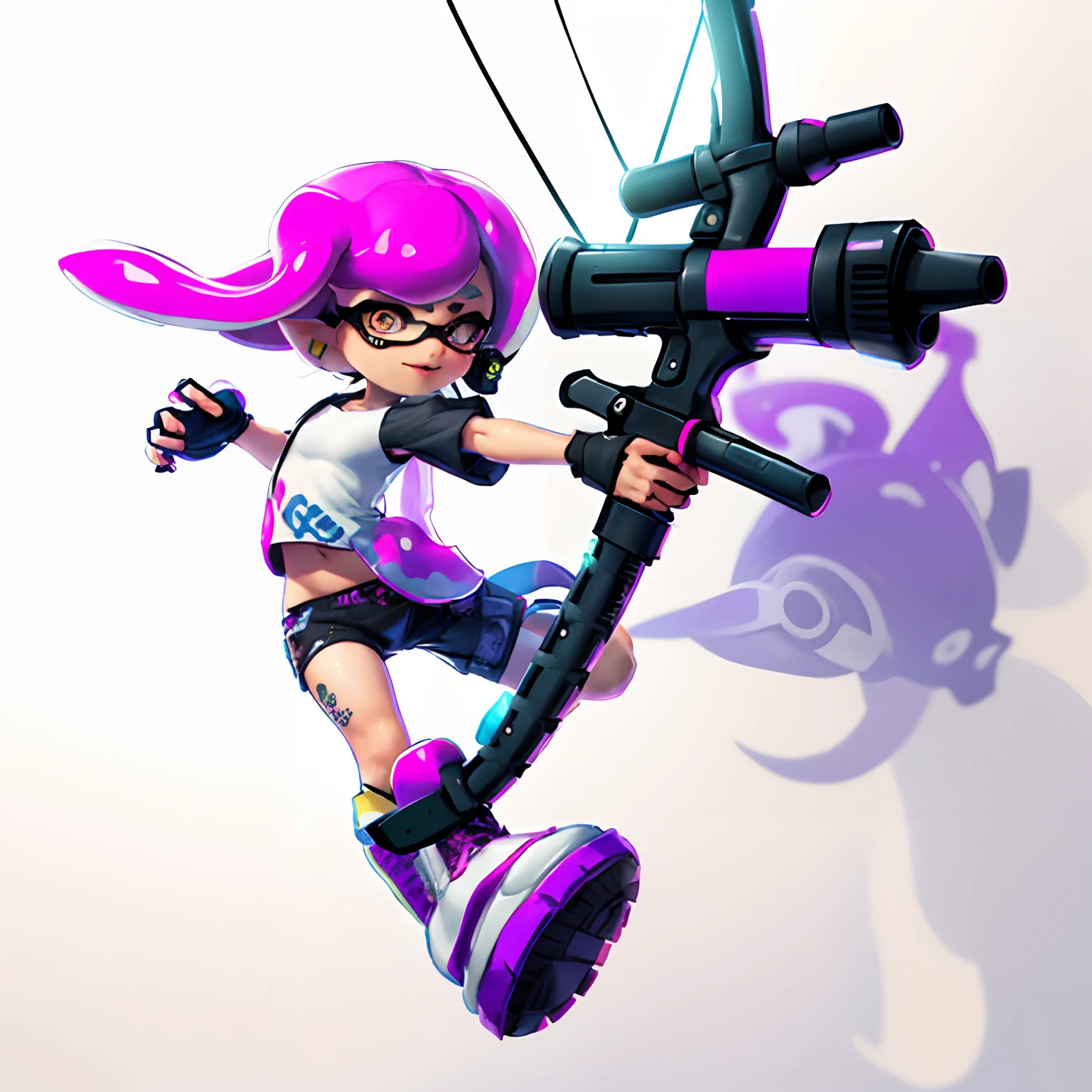 Drawing of a girl with a bow and a bow - a sling, Female protagonist , with splatoon style, cellshading!!!,, video game fanart, With a tattoo of a squid, gadget hackwrench, Splatoon 3, high quality fan art