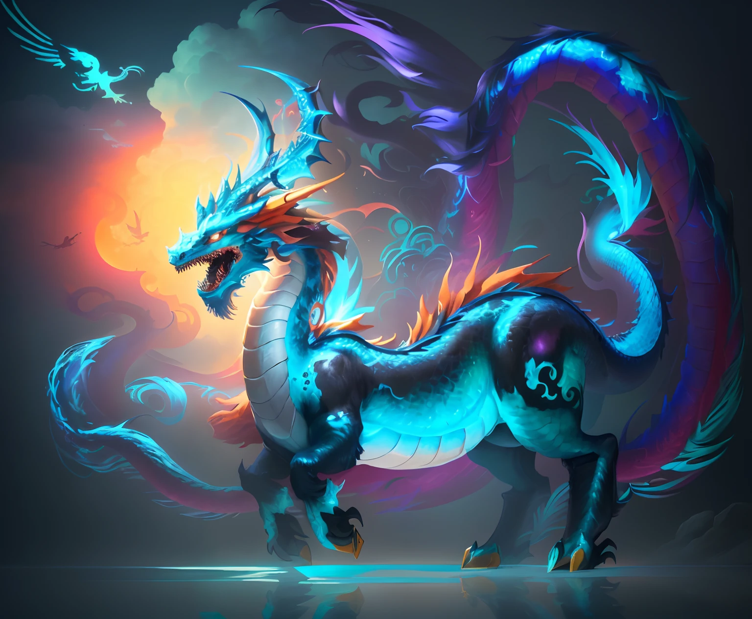 Brightly colored horses with a long tail and a tail with a long tail.........,Stay in the water in the evening., Mythical Creatures, chinese dragon concept art, smooth chinese dragon, cyan chinese dragon fantasy, Mythical Creatures, Fantasy Creatures, Rainbow Fluffy Dragon, Digital paintings of Quetzalcoatl, anthropomorphic dragon, Chinese dragon, dragon art, as an anthropomorphic dragon