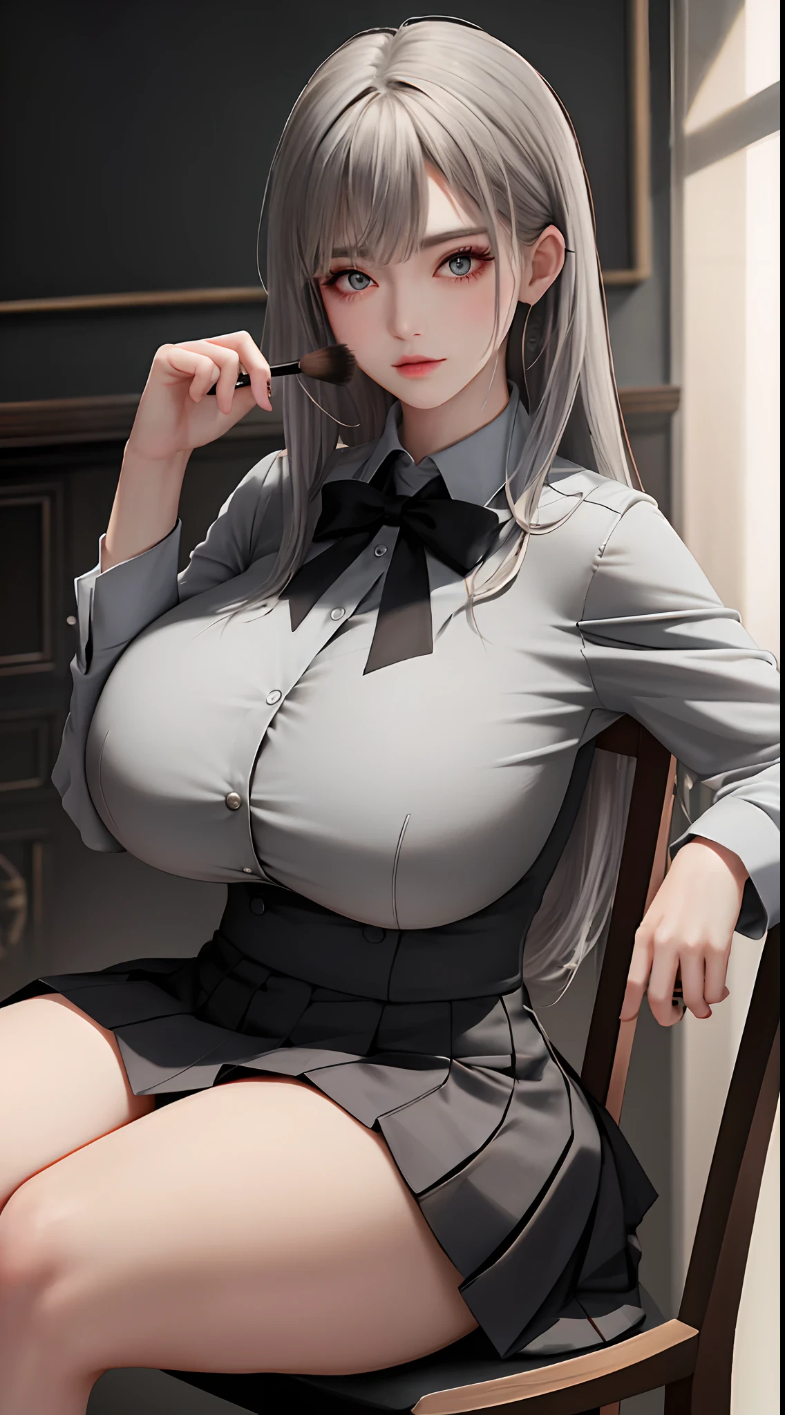 masterpiece, best quality, high quality, High definition, High quality texture, High quality shadow, high detail, realistic, Cinematic Light, side lighting, Lens Flare, Ray tracing, sharp focus, (1girl, low-shot , sitting on a chair, none expression, holding a clan , huge breasts , thick thighs , student uniform , grey hair , breasts squeeze :1.3), (intricate details, makeup, PureErosFace_V1:1.0 ),