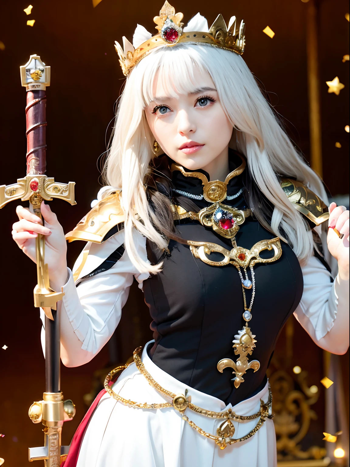 (masutepiece), Professional , ​masterpiece、top-quality、photos realistic , depth of fields （Gemstone Silver Metal Body:1.９),(Matte White、Jewel Gold Weapon（Jewel Metal Body:1.４),Gorgeous metal weapons , Detailed Sword of the Brave , Beautiful knife   ,warhammer 40k , adepta sororitas,Detail and ornate jewel crown、Black hair、Gangle's forest background、Beautiful Caucasian beauty、１a person、dynamic ungle,(((Detailed and ornate diamond crown)))、Smaller head、A smile、Take a sexy pose、Background inside the castle、Thin and beautiful female hands、Soldier in iron armor on background、Soldier in iron armor on background、