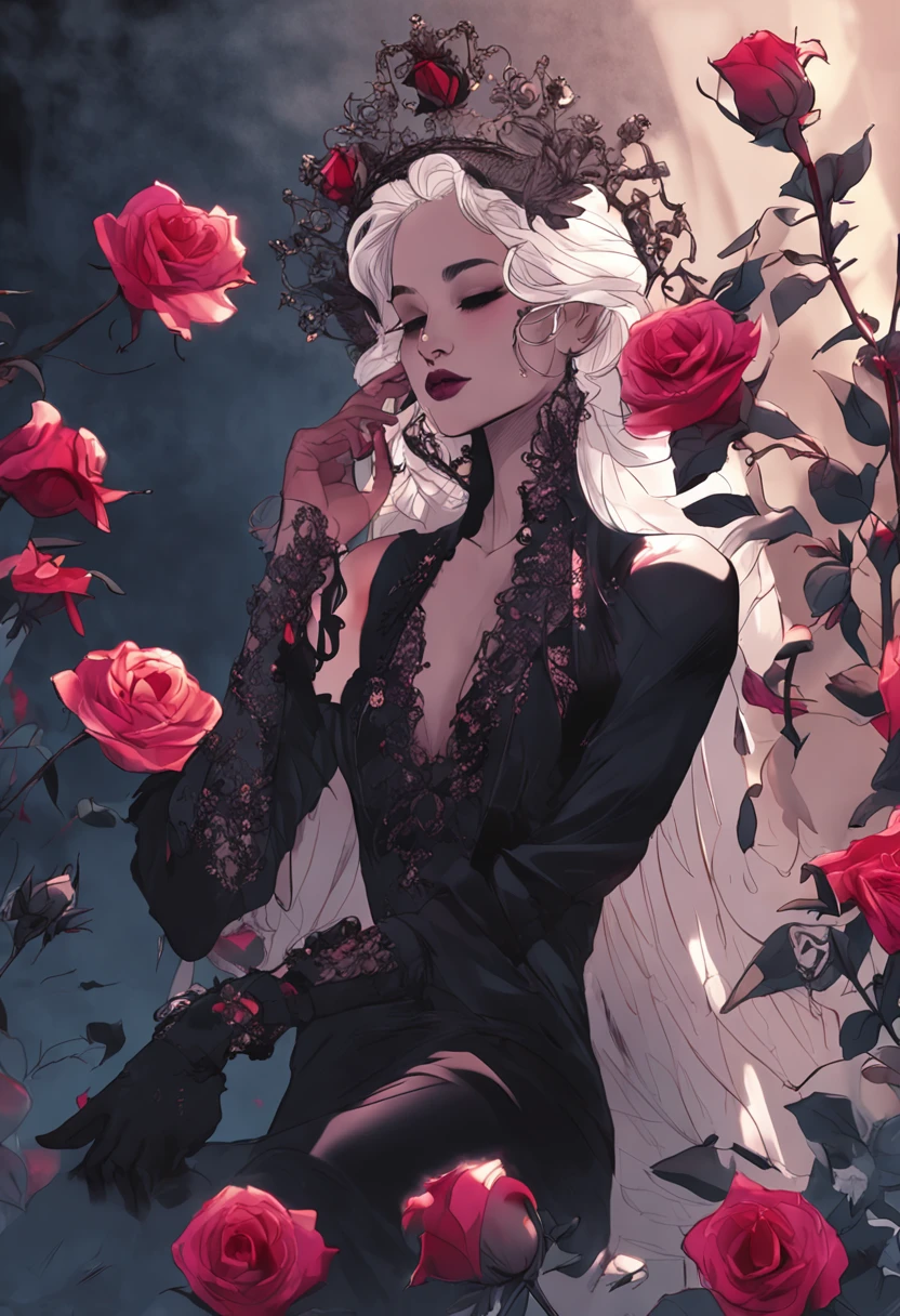 Dark queen, in black suit dress, dark roses, luxurious