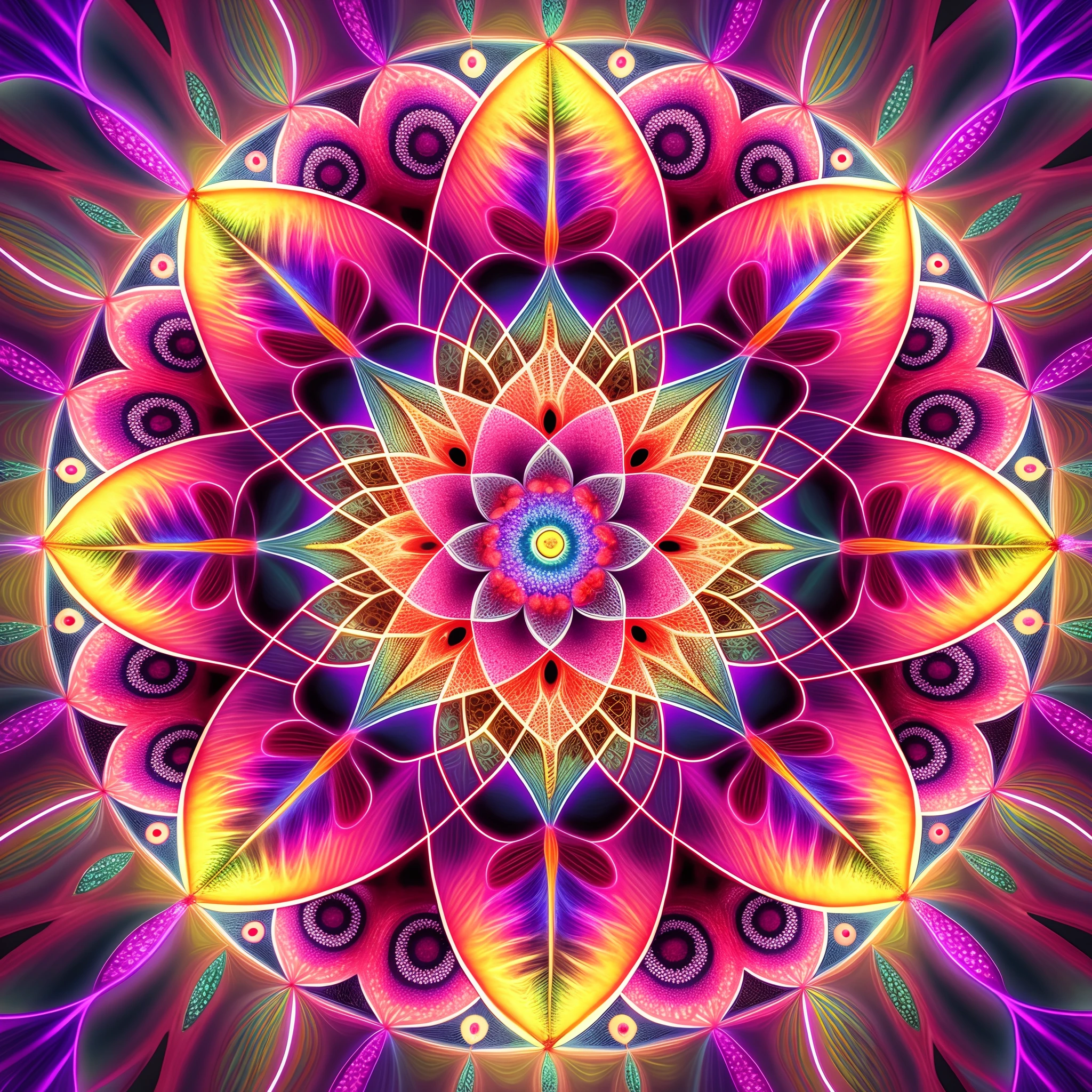 A colorful flower with a large center surrounded by many smaller petals, Estructuras fractales sagradas, Estilo de arte visionario, Mandala colorido, psychedelic dmt, digital illustration radiating, Ilustraciones de psytrance, fractal sacred geometry, Electromagnétic field DMT LSD, psicodelicante, Colores DMT, psytrance, psychedelic style, Arte DMT, psychedelic art style, Lighting stumble in DMT