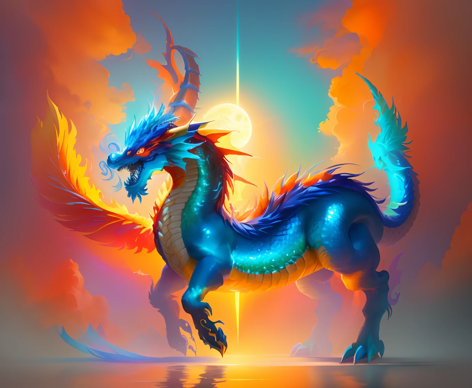 Brightly colored horses with a long tail and a tail with a long tail.,evening Orange Sun...., Mythical Creatures, chinese dragon concept art, smooth chinese dragon, cyan chinese dragon fantasy, Mythical Creatures, Fantasy Creatures, Rainbow Fluffy Dragon, Digital paintings of Quetzalcoatl, anthropomorphic dragon, Chinese dragon, dragon art, as an anthropomorphic dragon