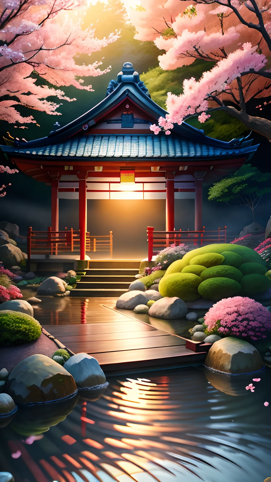 (digital painting),(best quality), serene Japanese garden, cherry blossoms in full bloom, koi pond, footbridge, pagoda, Ukiyo-e art style, Hokusai inspiration, Deviant Art popular, 8k ultra-realistic, pastel color scheme, soft lighting, golden hour, tranquil atmosphere, landscape orientation