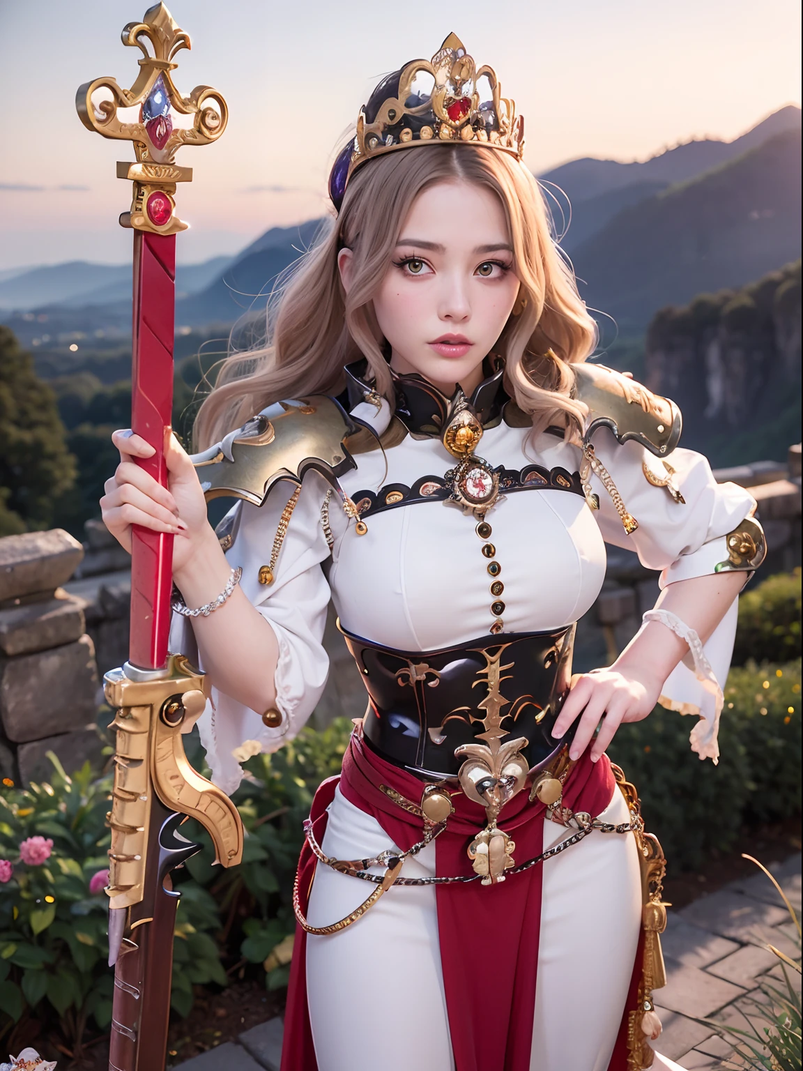 (masutepiece), Professional , ​masterpiece、top-quality、photos realistic , depth of fields （Gemstone Silver Metal Body:1.９),(Matte White、Jewel Gold Weapon、（Gorgeous castle background）、（ultimate beauty girl）、（Jewel Metal Body:1.４),Gorgeous Jewel Metal Weapons , Detailed Sword of the Brave ,（ Tears from the eyes）   ,warhammer 40k , adepta sororitas,Detail and ornate jewel crown、独奏、Brown hair、（Gangle's forest background）、Beautiful Caucasian beauty、１a person、dynamic ungle,(((Diamond tiara with detail and luxury)))、a small face、Powerful poses、（Gorgeous castle background）、huge filesize、20 year old beautiful woman、Stand in the center of the screen、Thin female fingers、Straight long hair、Beautiful Caucasian beauty、