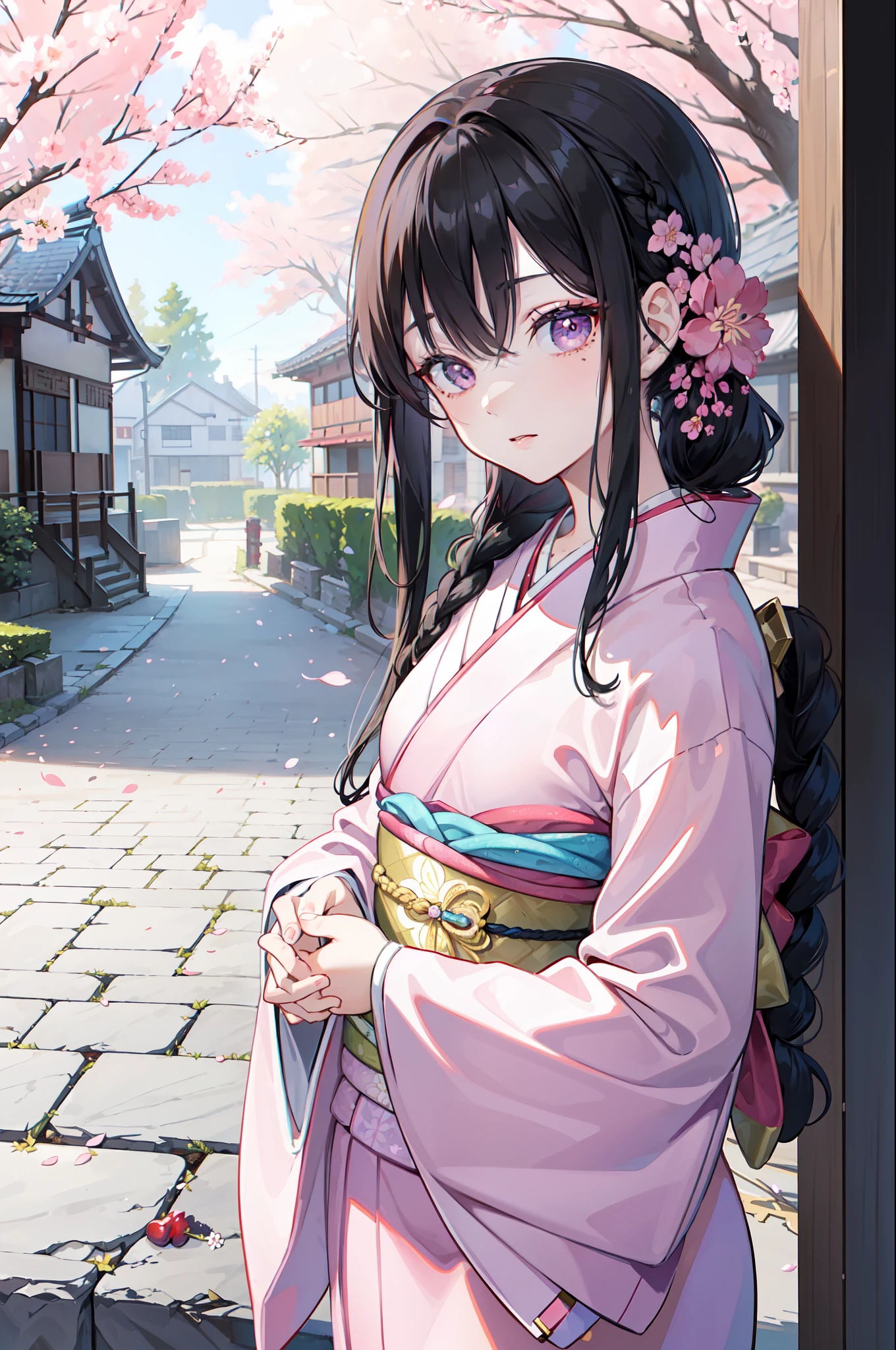((top-quality)),((masterpiece)),((ultra-detailliert)),Black-haired,Japanese hair,french braid hair,Seductive look,Fold your hands in front of you,Cherry blossom ornament in hair,Eyes are purple,One mole under the left eye,Wearing a pink kimono,Stone brick road