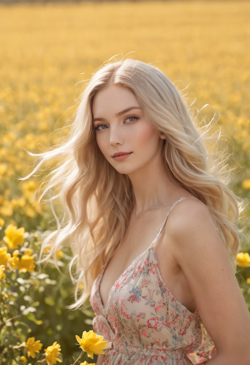 (masterpiece, vibrant portrait:1.3), (captivating depiction of a blonde woman in a flower-filled field:1.2), (Canon EOS 5D Mark IV camera, renowned for capturing vibrant colors and rich textures:1.2), (paired with the Canon EF 35mm f/1.4L II USM lens for versatile compositions:1.2), (flowing and voluminous blonde hair caught in the breeze, adding dynamism:1.1), (radiant blue eyes reflecting the sky's hue:1.1), (flawless face exuding perfection:1.1), (knee-length sundress bursting with a kaleidoscope of colors:1.1), (her cheerful smile radiating genuine happiness:1.1), (the playful movement of her dress capturing the light:1.1), (a mix of wildflowers creating a vibrant backdrop:1.1), (a sunlit field painting a joyful atmosphere:1.1), (the camera's sensor capturing the intricate textures of her hair and fabric:1.1), (the lens emphasizing her captivating smile and vibrant attire:1.1), (a moment capturing carefree joy in the midst of nature:1.1), (the synergy of colors and emotion in a single frame:1.1), (a portrait that captures the essence of a radiant spirit in a blooming landscape:1.1)